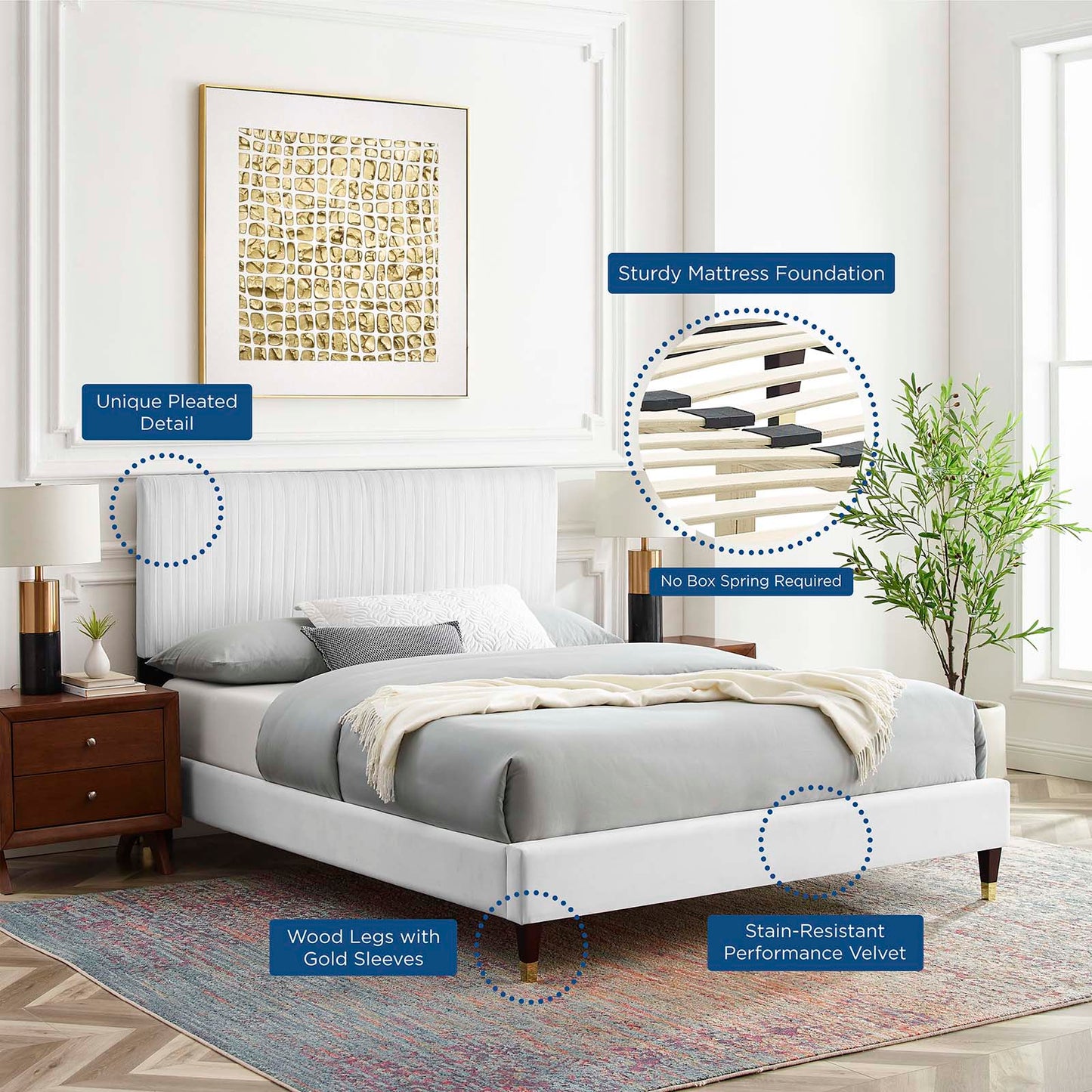 Peyton Performance Velvet King Platform Bed, Velvet, White, 23249