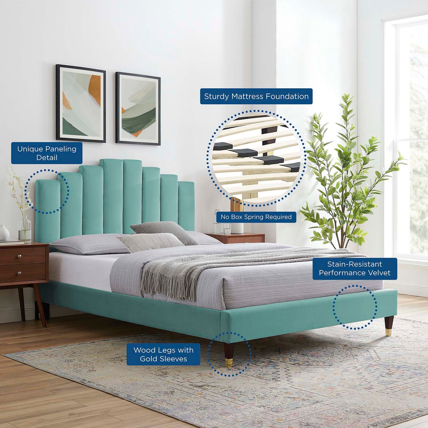 Elise Twin Performance Velvet Platform Bed, Velvet, Blue, 22797