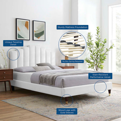 Elise Twin Performance Velvet Platform Bed, Velvet, White, 22801
