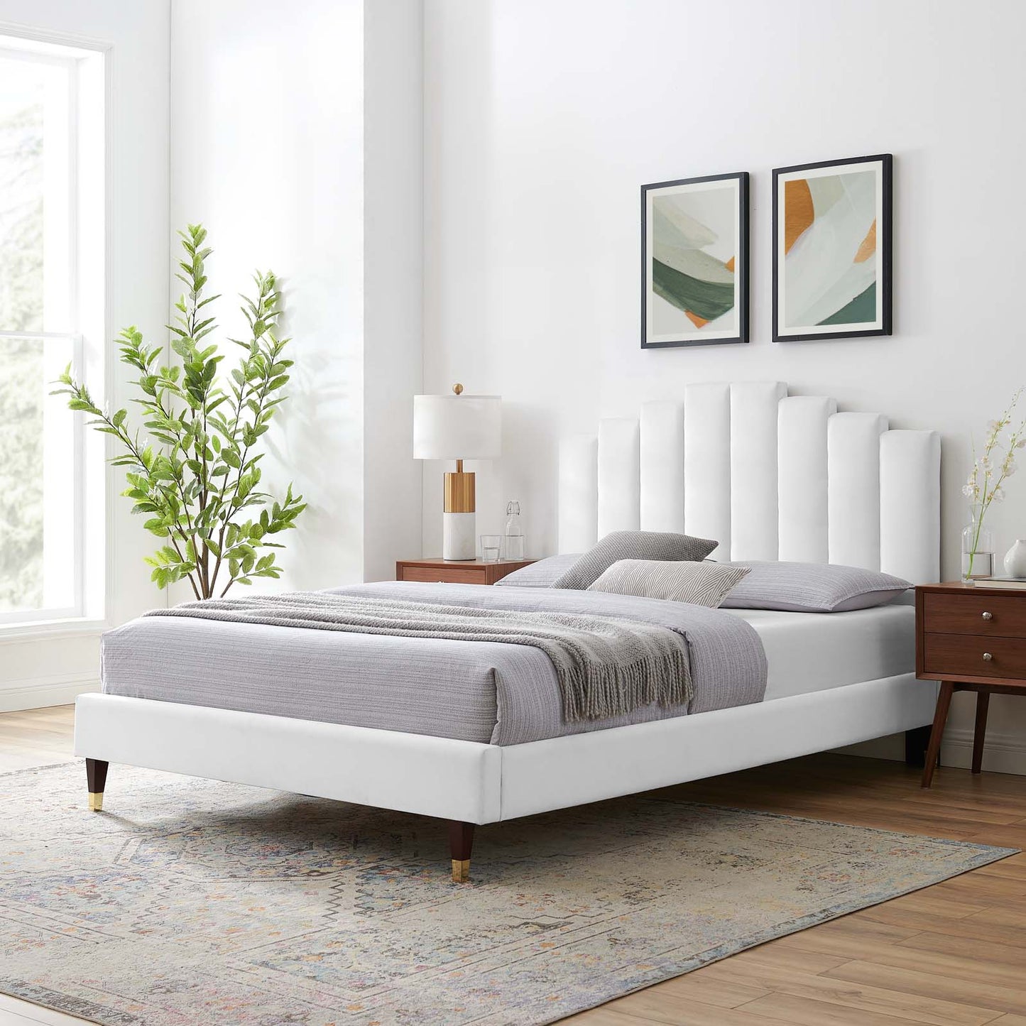 Elise Twin Performance Velvet Platform Bed, Velvet, White, 22801