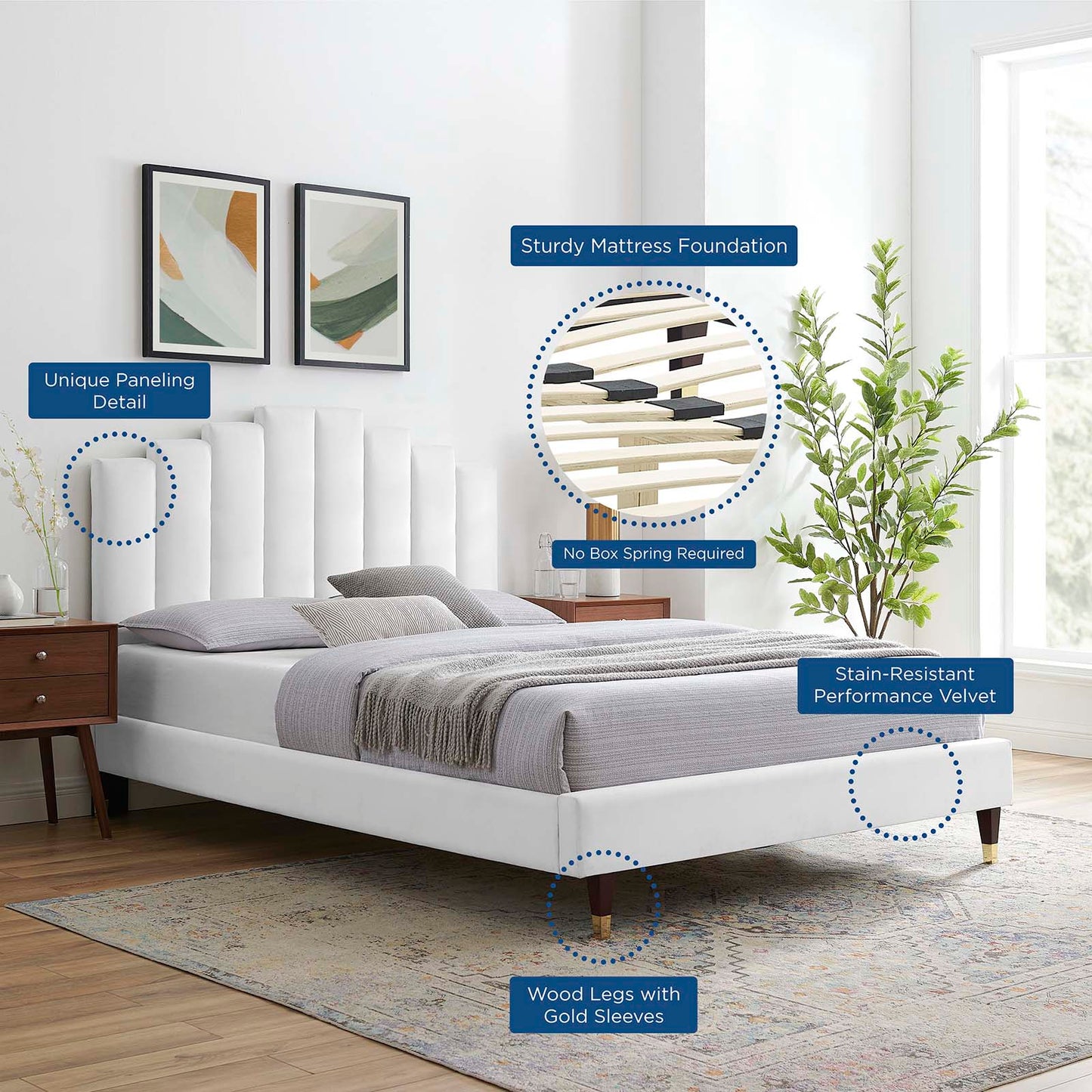 Elise Full Performance Velvet Platform Bed, Velvet, White, 22809