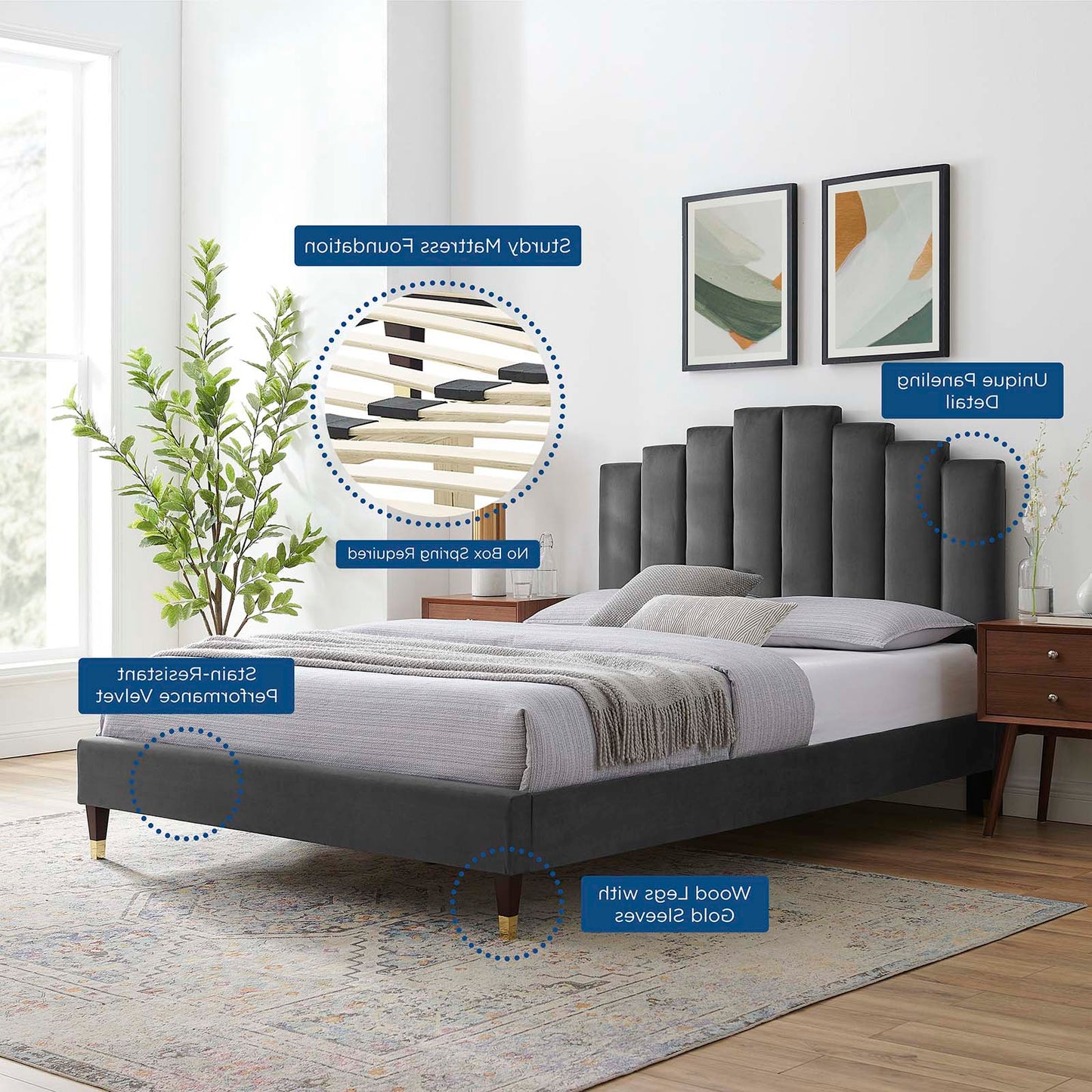 Elise King Performance Velvet Platform Bed, Velvet, Dark Grey Gray, 22810