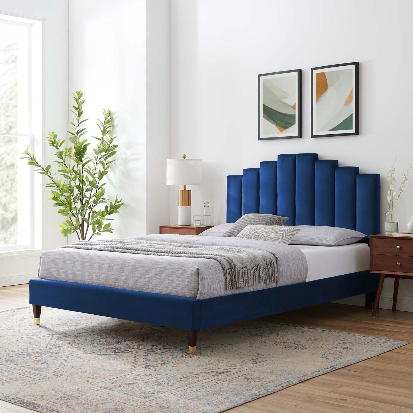 Elise King Performance Velvet Platform Bed, Velvet, Blue Navy, 22814