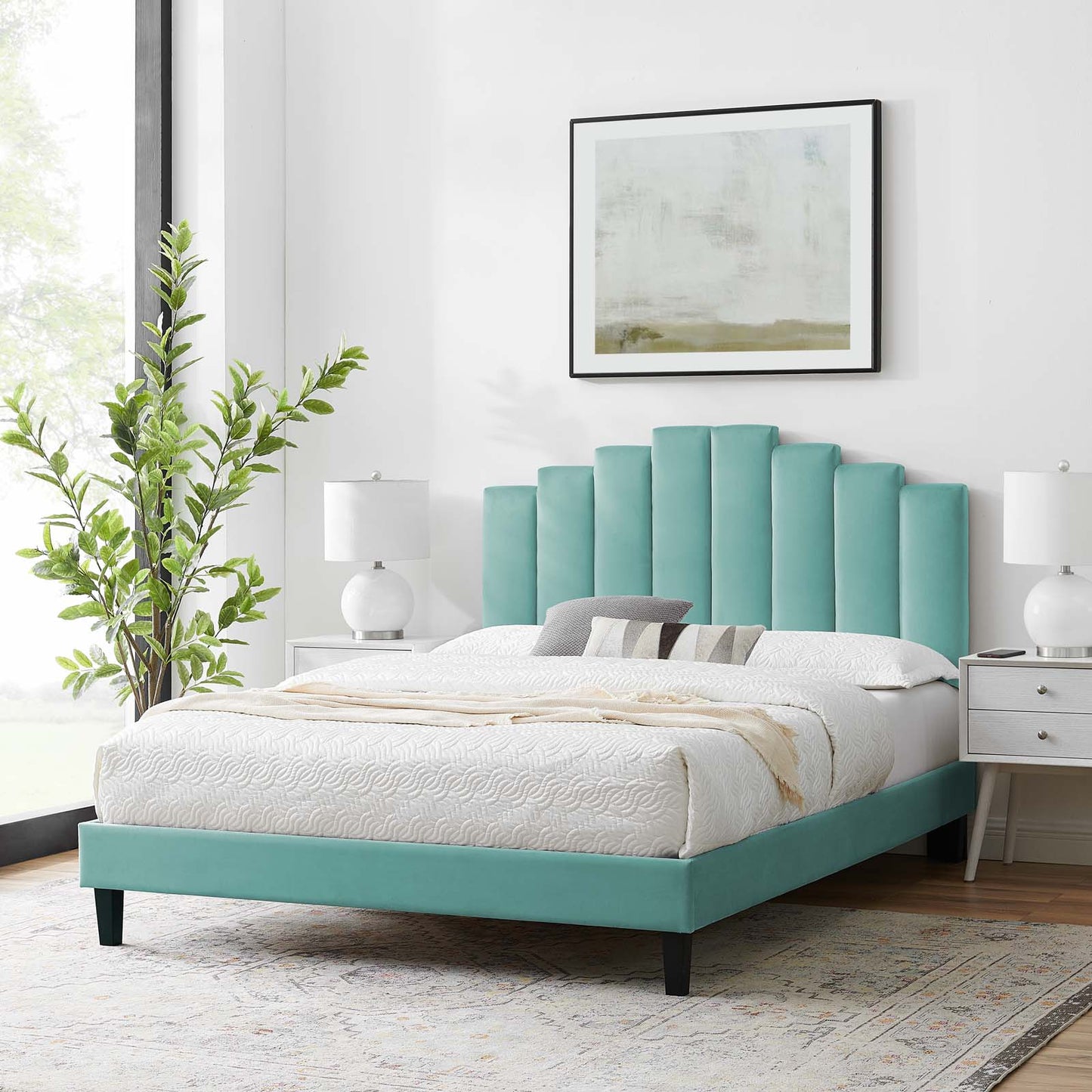 Elise Twin Performance Velvet Platform Bed, Velvet, Blue, 22821