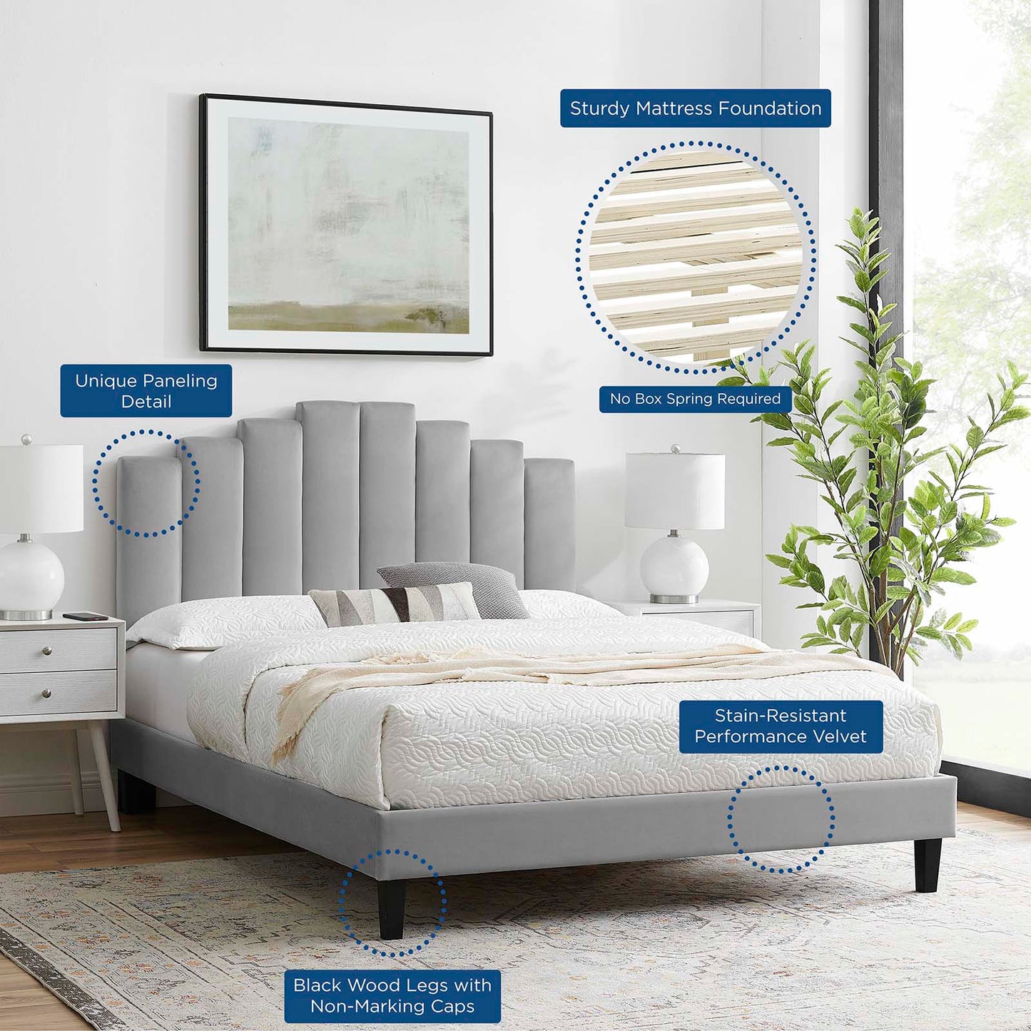 Elise King Performance Velvet Platform Bed, Velvet, Light Grey Gray, 22836
