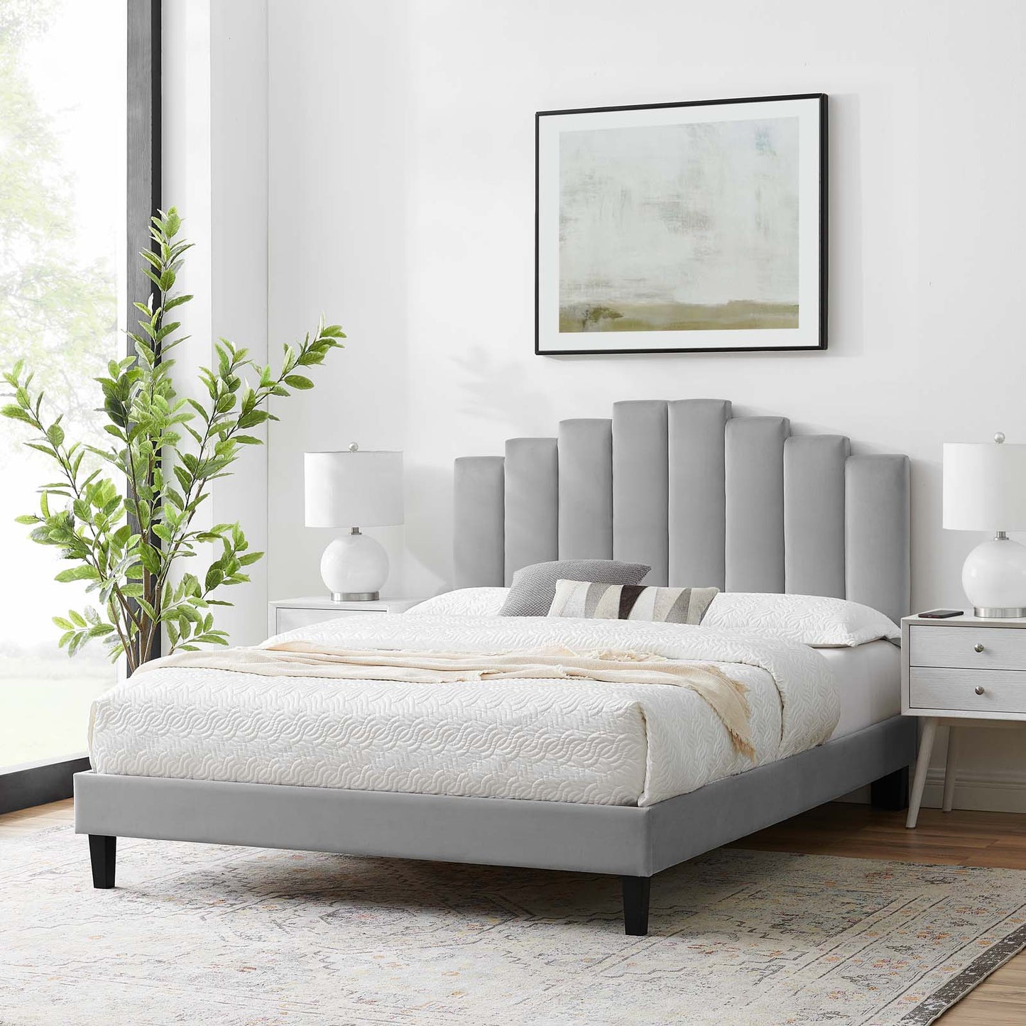 Elise King Performance Velvet Platform Bed, Velvet, Light Grey Gray, 22836