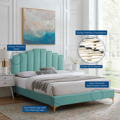 Elise Full Performance Velvet Platform Bed, Velvet, Blue, 22853