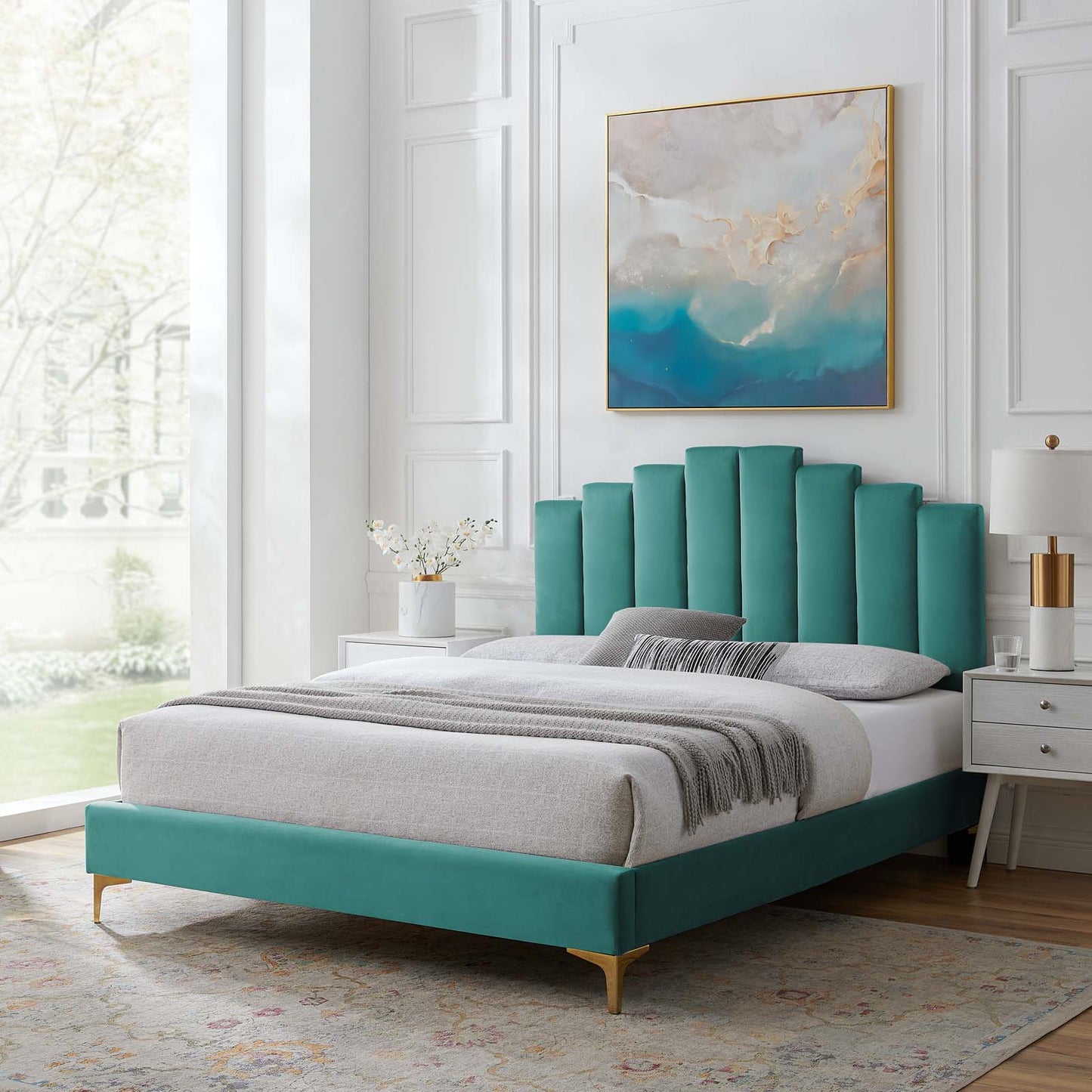 Elise Full Performance Velvet Platform Bed, Velvet, Teal Blue, 22856