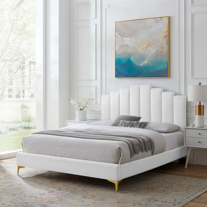 Elise Full Performance Velvet Platform Bed, Velvet, White, 22857