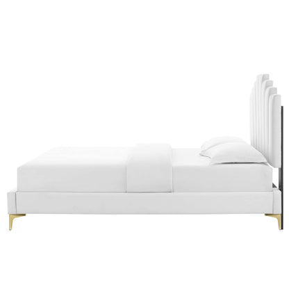 Elise Full Performance Velvet Platform Bed, Velvet, White, 22857