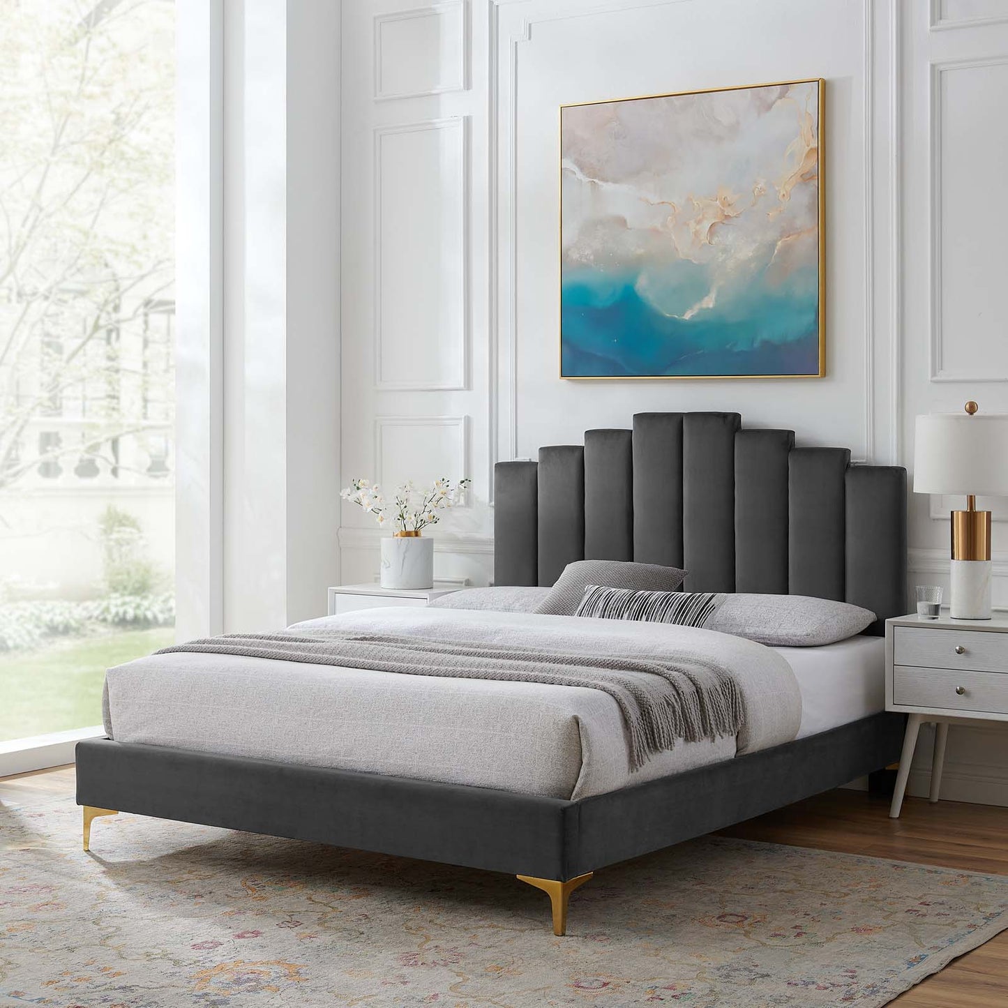 Elise King Performance Velvet Platform Bed, Velvet, Dark Grey Gray, 22858
