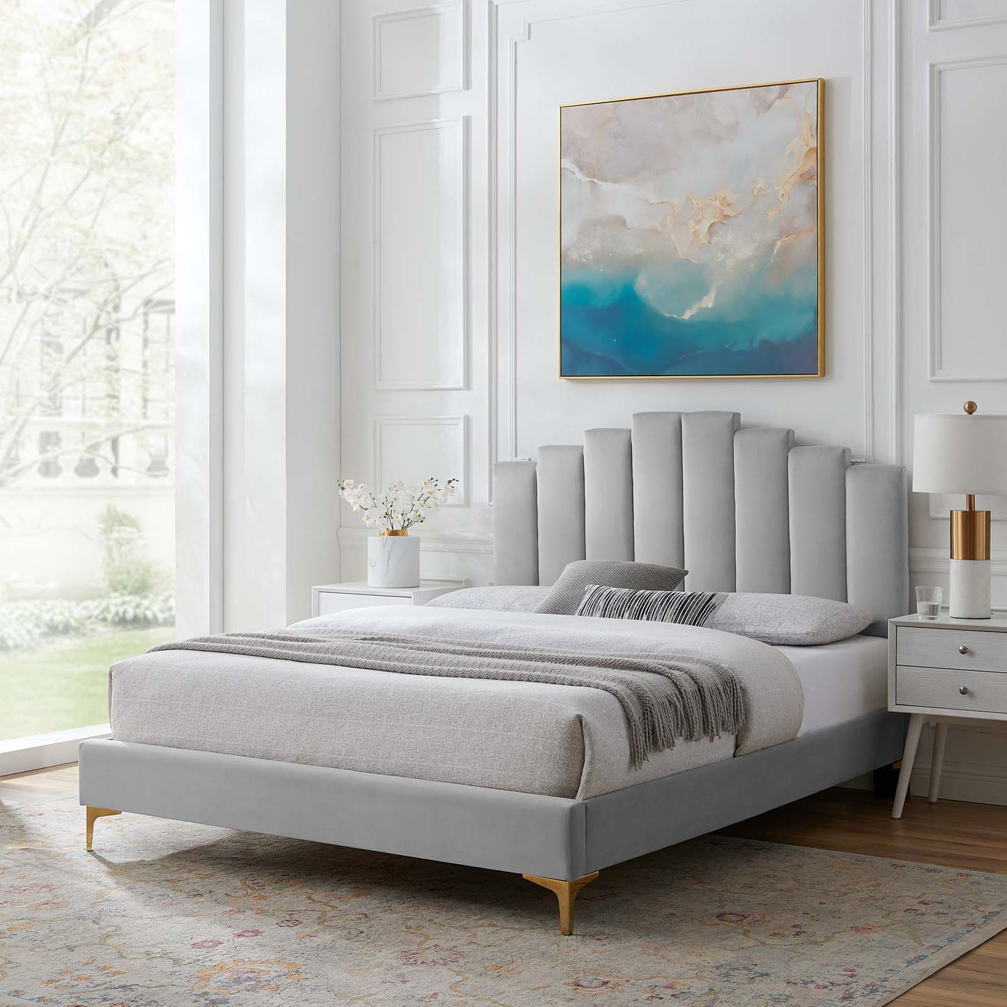 Elise King Performance Velvet Platform Bed, Velvet, Light Grey Gray, 22860