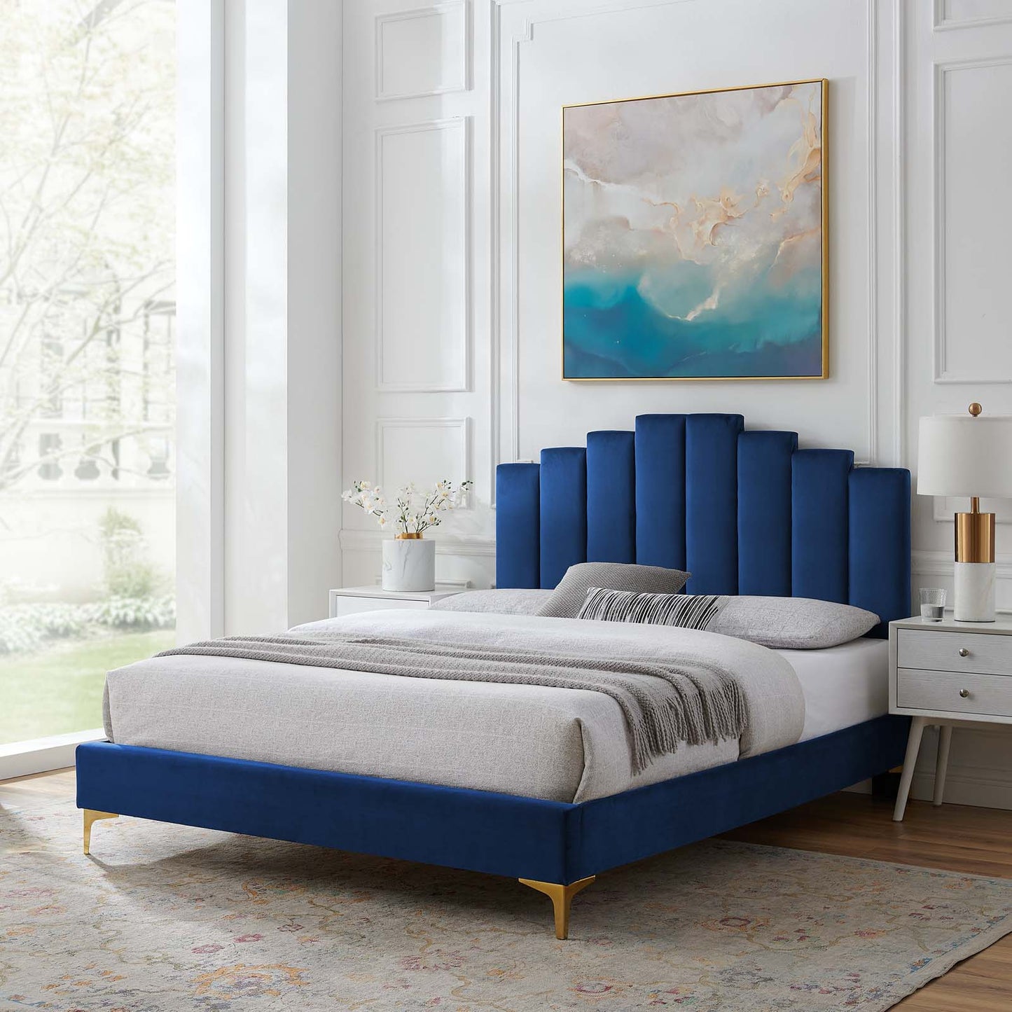 Elise King Performance Velvet Platform Bed, Velvet, Blue Navy, 22862