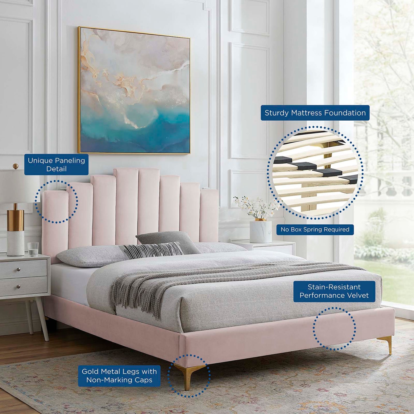 Elise King Performance Velvet Platform Bed, Velvet, Pink, 22863