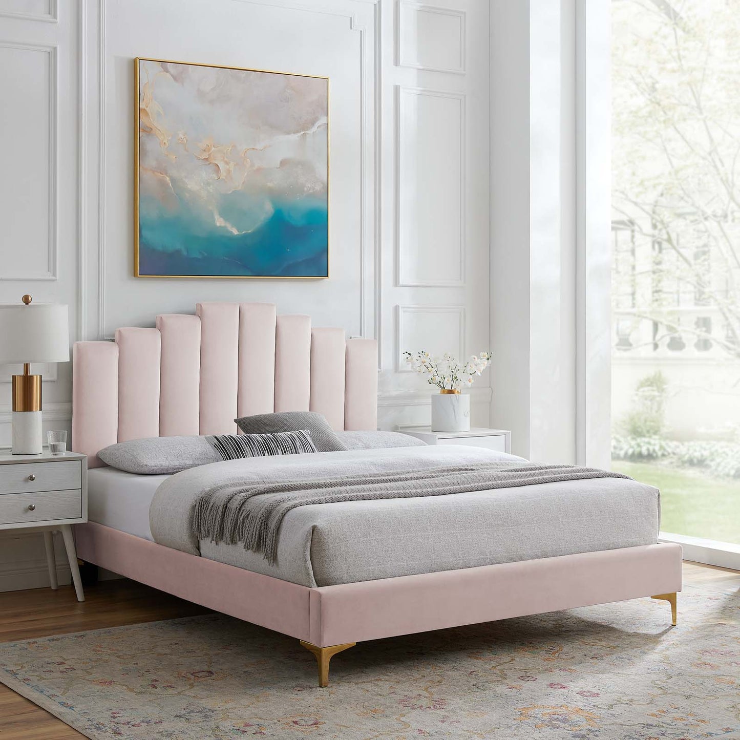 Elise King Performance Velvet Platform Bed, Velvet, Pink, 22863