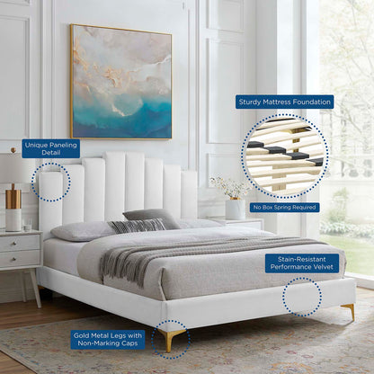 Elise King Performance Velvet Platform Bed, Velvet, White, 22865