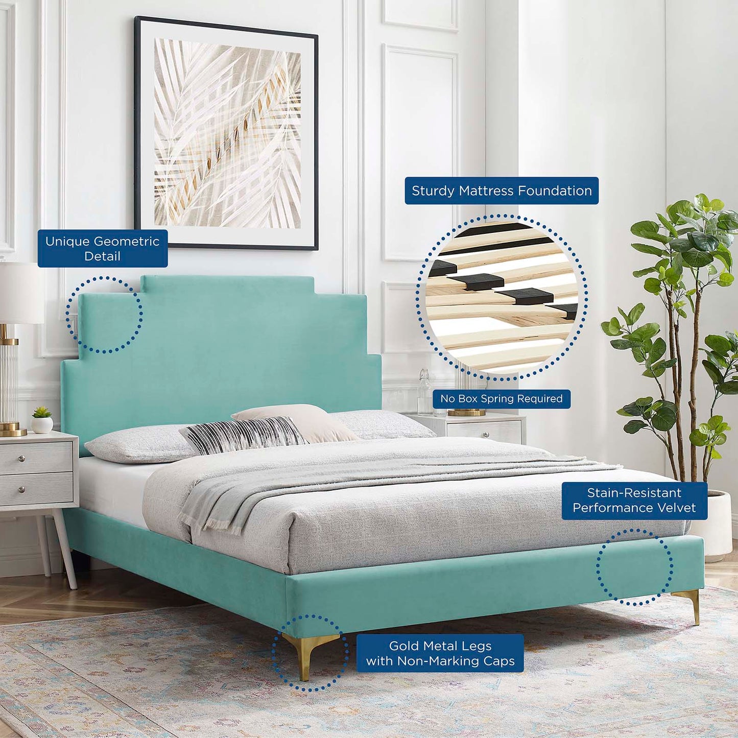 Lindsey Performance Velvet Twin Platform Bed, Velvet, Blue, 22869