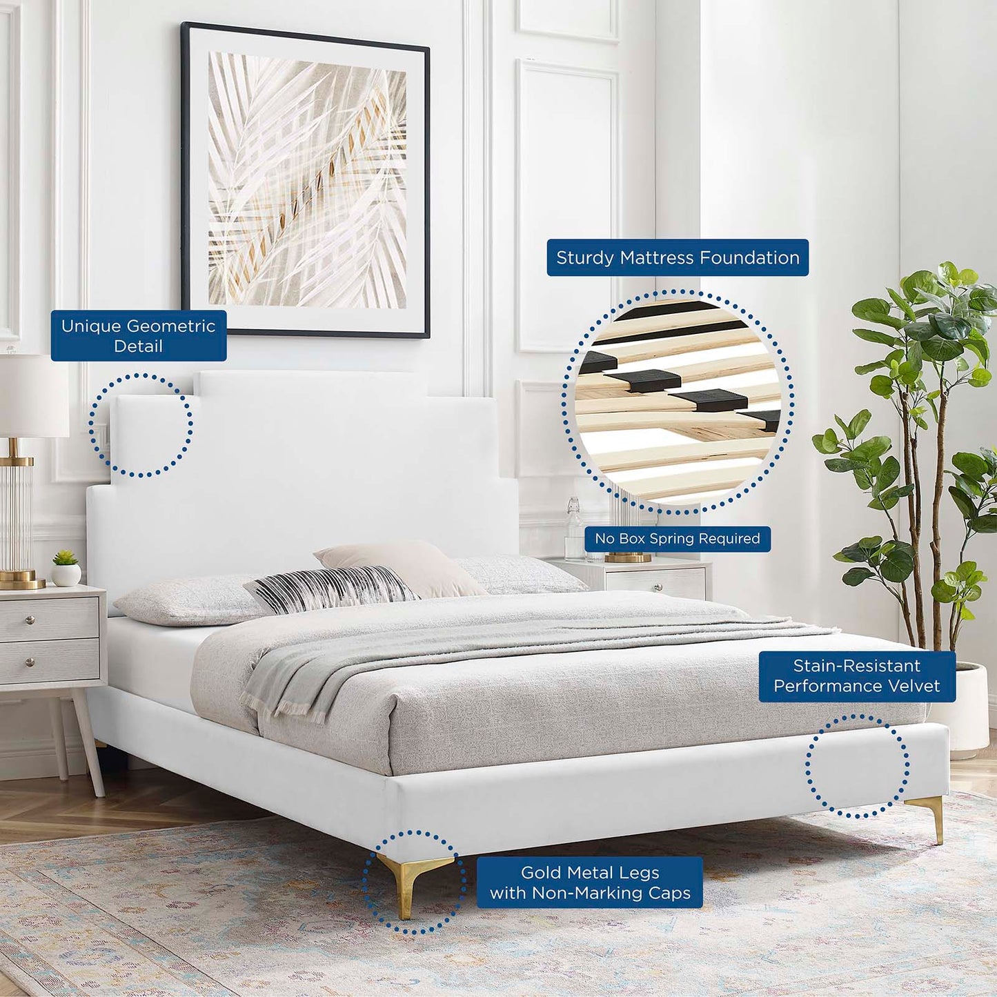 Lindsey Performance Velvet Twin Platform Bed, Velvet, White, 22873