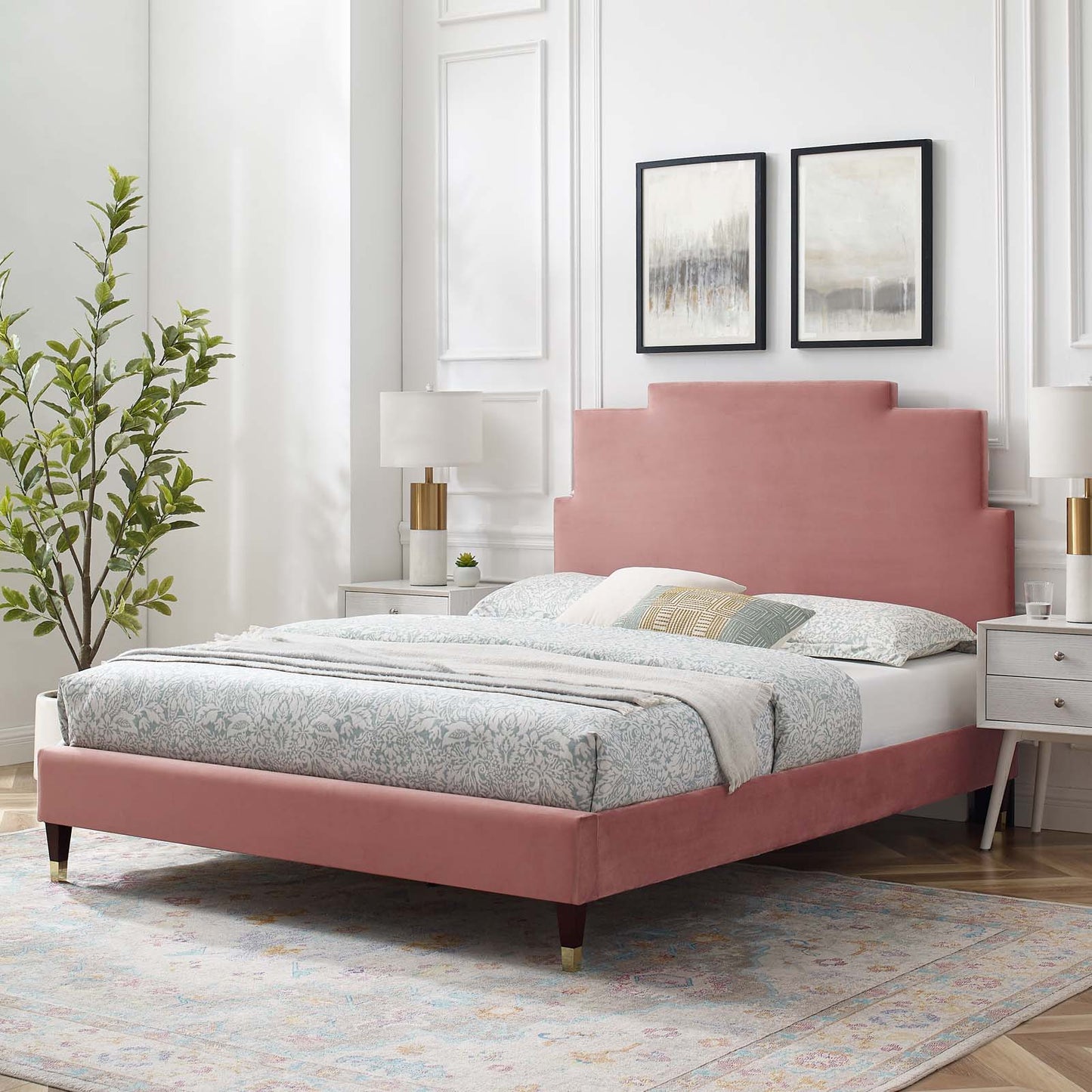 Lindsey Performance Velvet Twin Platform Bed, Velvet, Pink, 22875