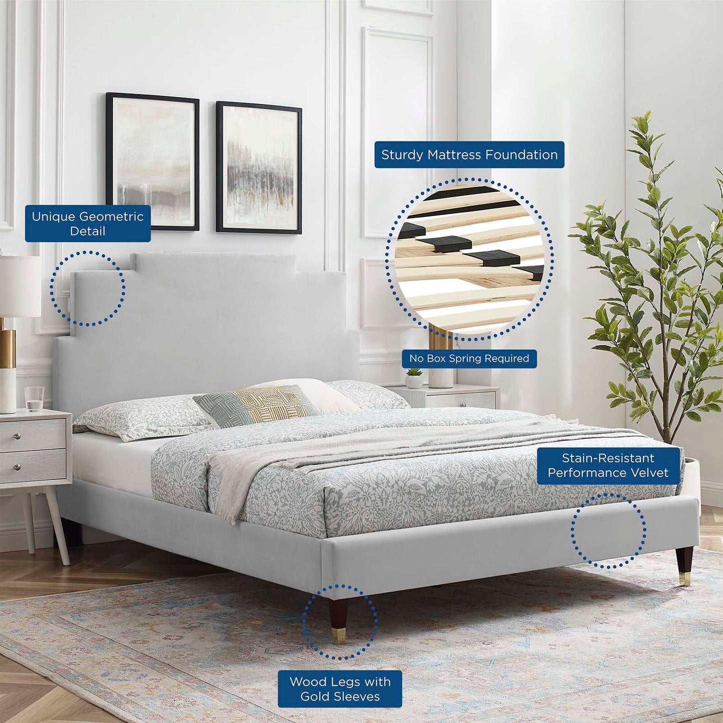 Lindsey Performance Velvet Twin Platform Bed, Velvet, Light Grey Gray, 22876
