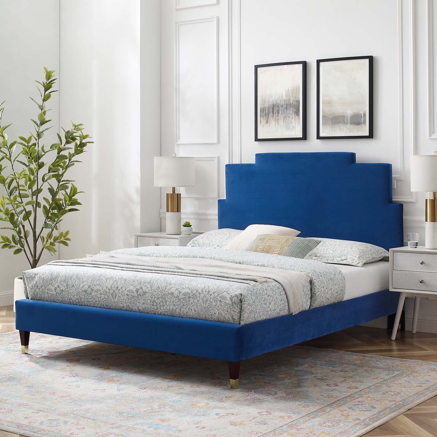 Lindsey Performance Velvet Twin Platform Bed, Velvet, Blue Navy, 22878