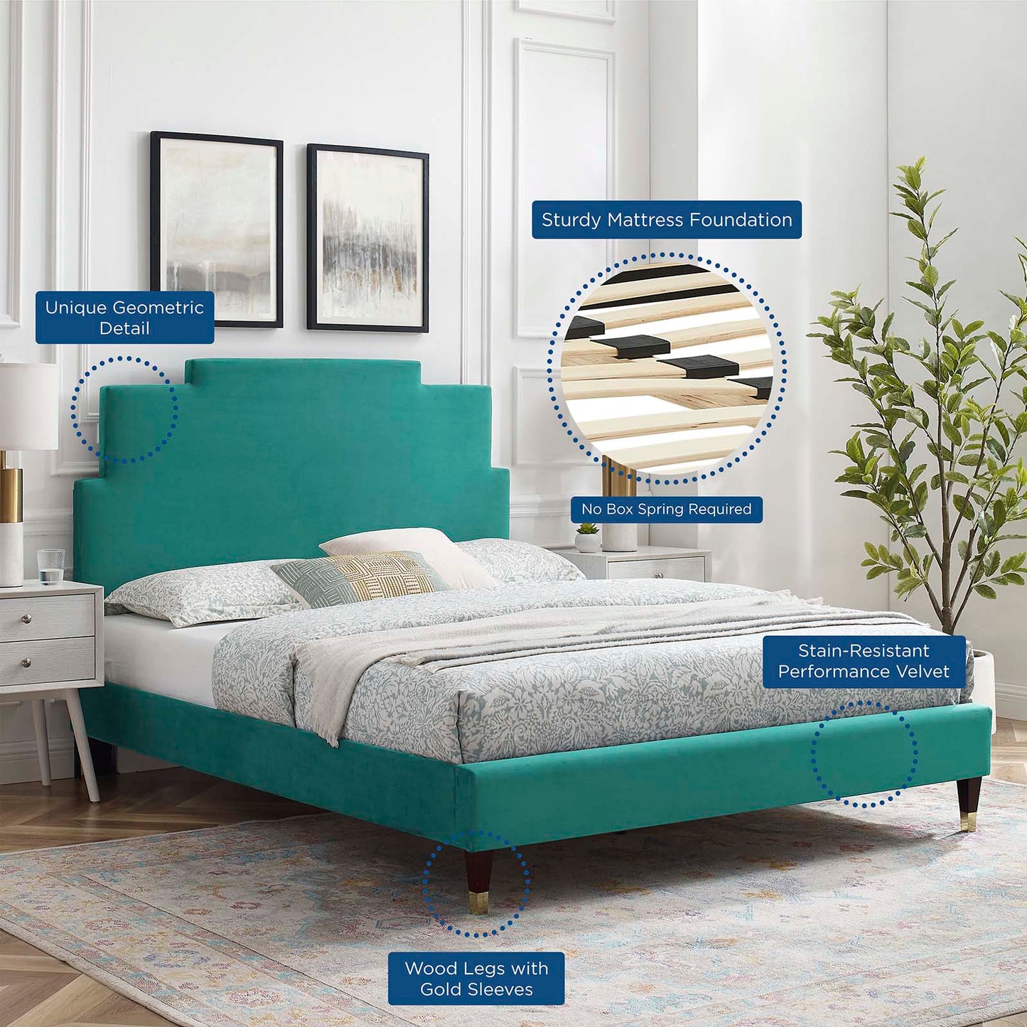 Lindsey Performance Velvet Twin Platform Bed, Velvet, Teal Blue, 22880