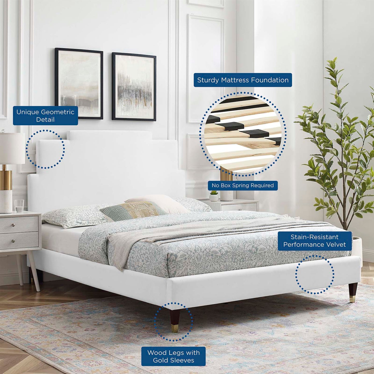 Lindsey Performance Velvet Twin Platform Bed, Velvet, White, 22881