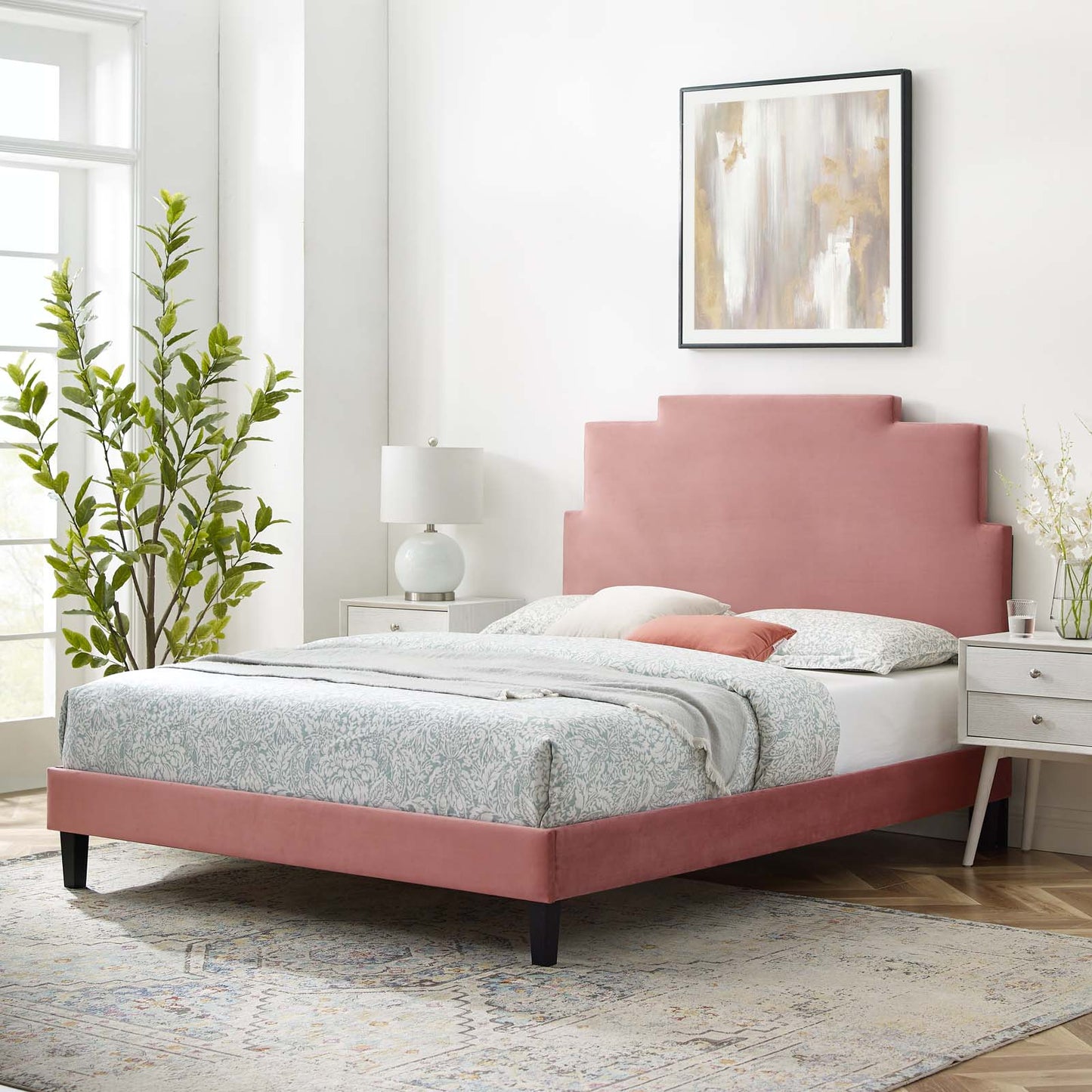 Lindsey Performance Velvet Twin Platform Bed, Velvet, Pink, 22883
