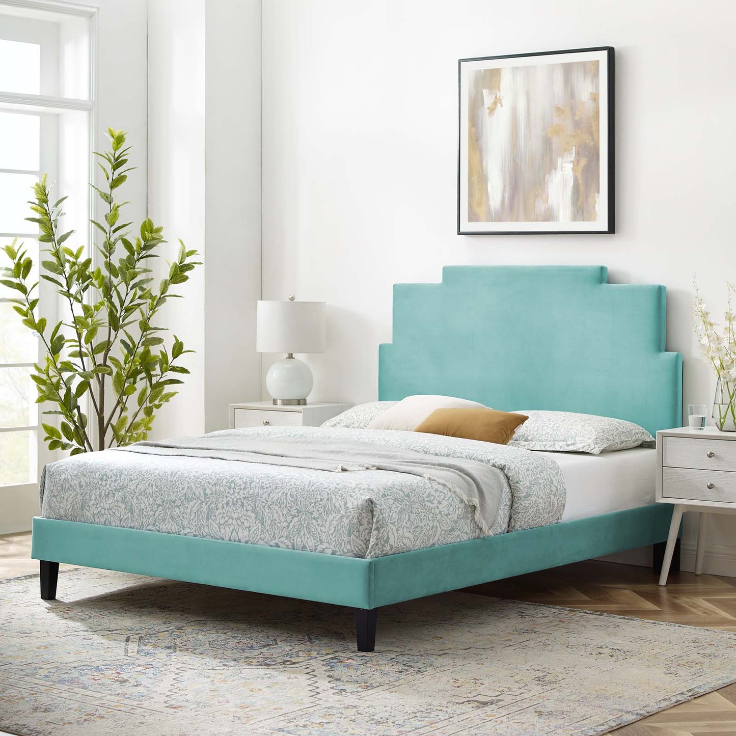 Lindsey Performance Velvet Twin Platform Bed, Velvet, Blue, 22885