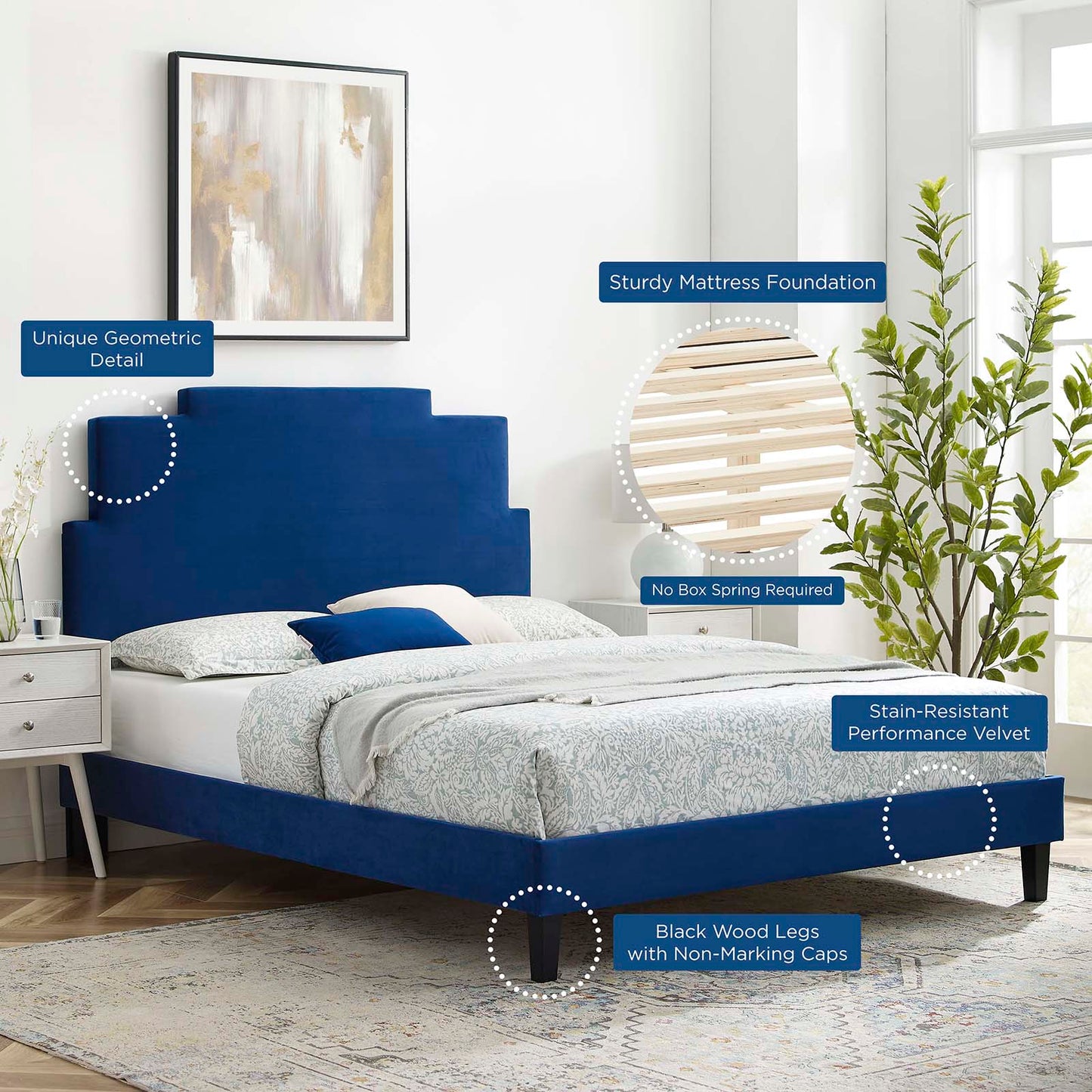 Lindsey Performance Velvet Twin Platform Bed, Velvet, Blue Navy, 22886
