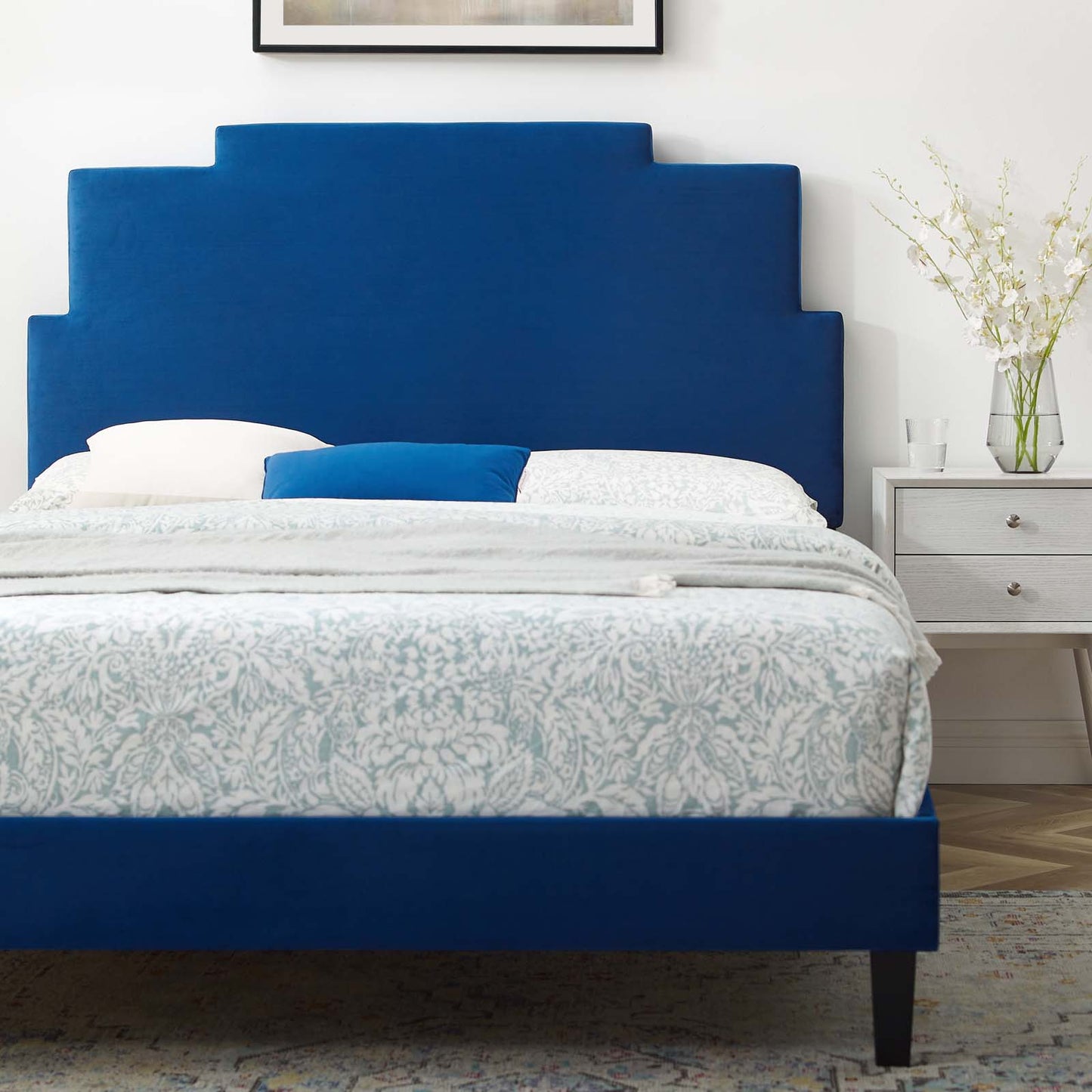 Lindsey Performance Velvet Twin Platform Bed, Velvet, Blue Navy, 22886