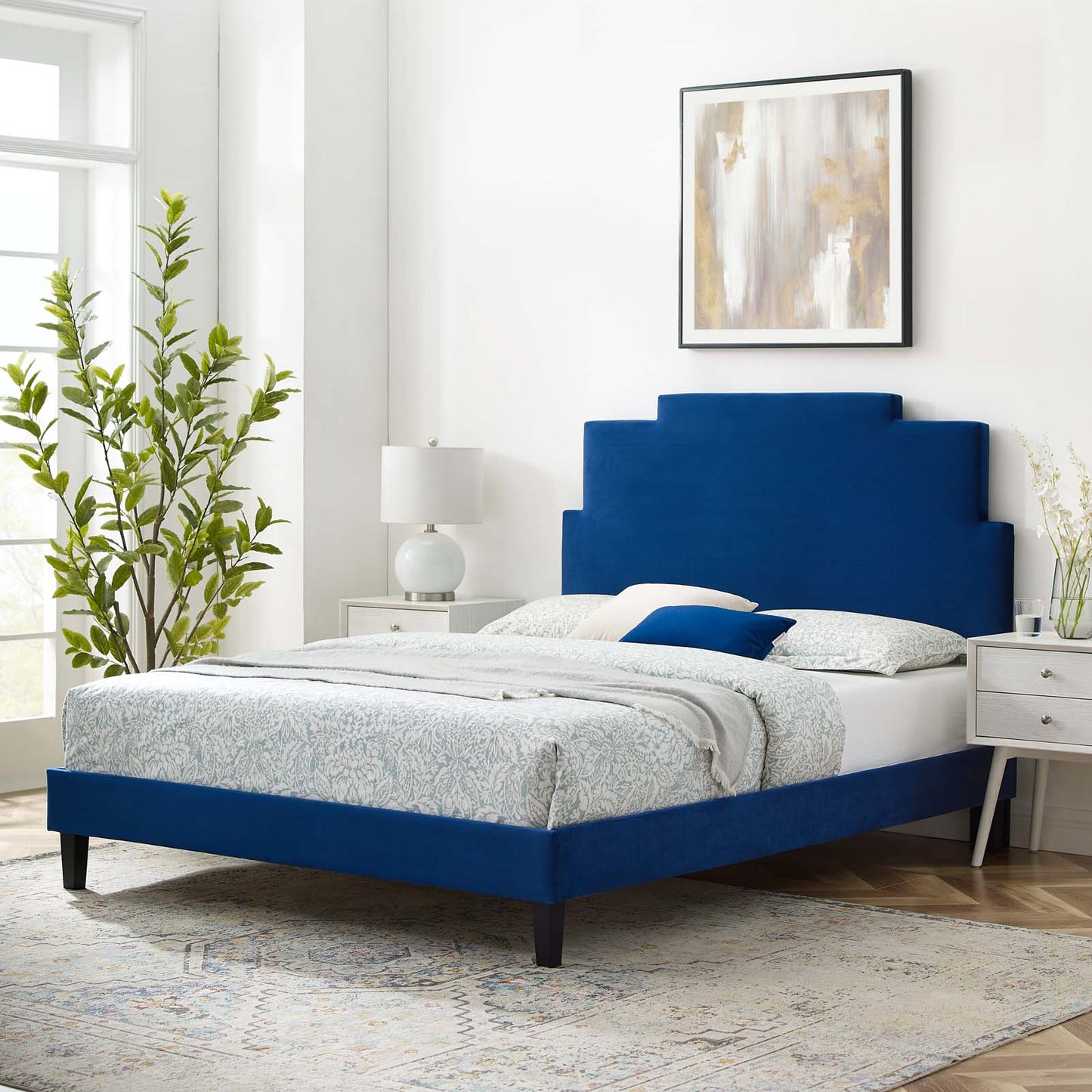Lindsey Performance Velvet Twin Platform Bed, Velvet, Blue Navy, 22886