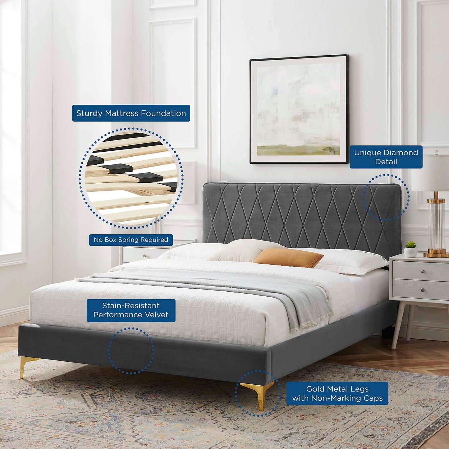Phillipa Performance Velvet Twin Platform Bed, Velvet, Dark Grey Gray, 22890