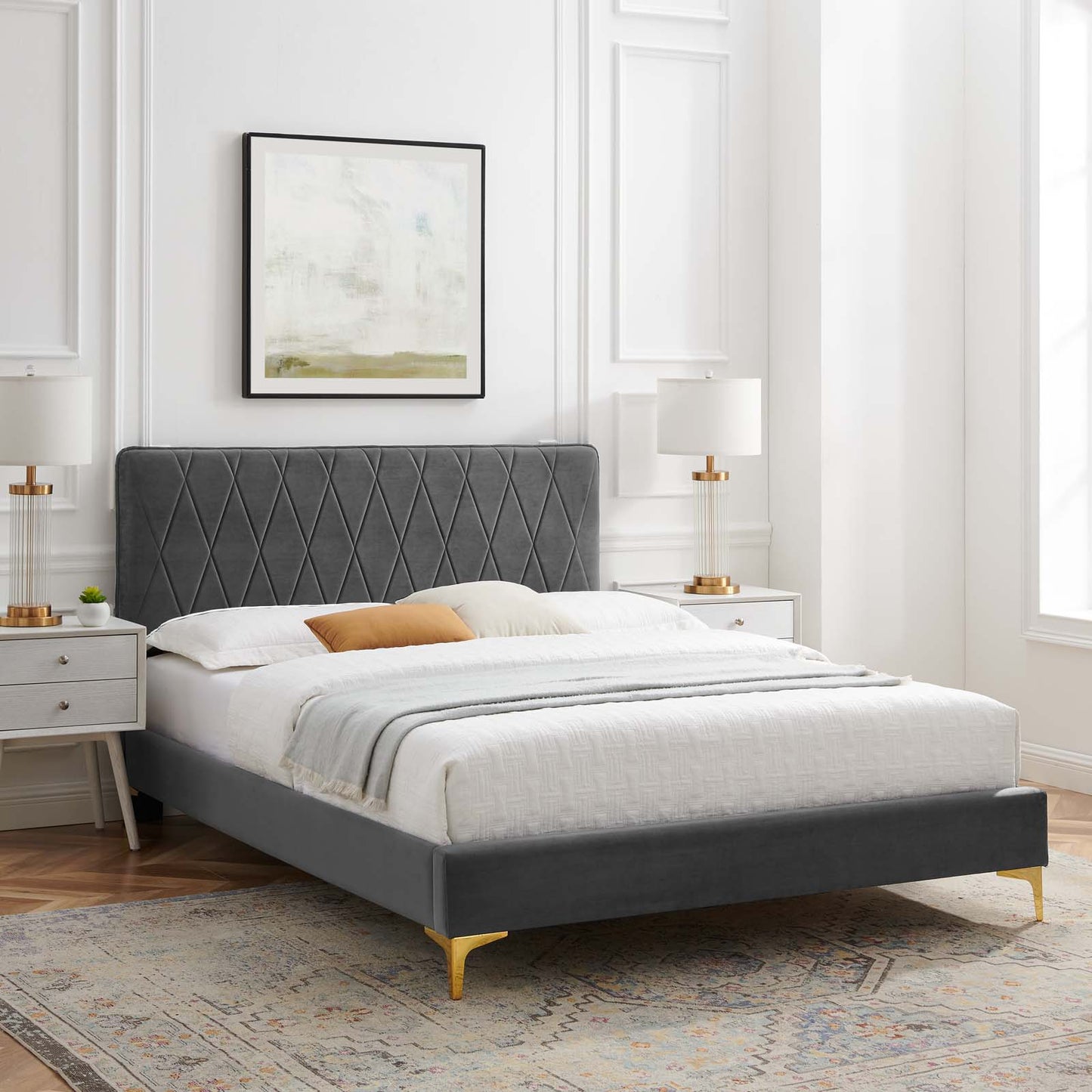 Phillipa Performance Velvet Twin Platform Bed, Velvet, Dark Grey Gray, 22890