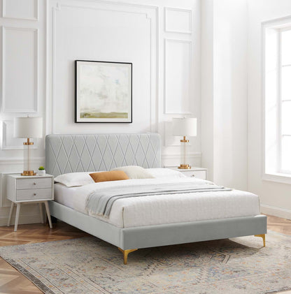Phillipa Performance Velvet Twin Platform Bed, Velvet, Light Grey Gray, 22892