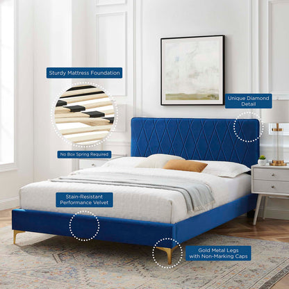 Phillipa Performance Velvet Twin Platform Bed, Velvet, Blue Navy, 22894