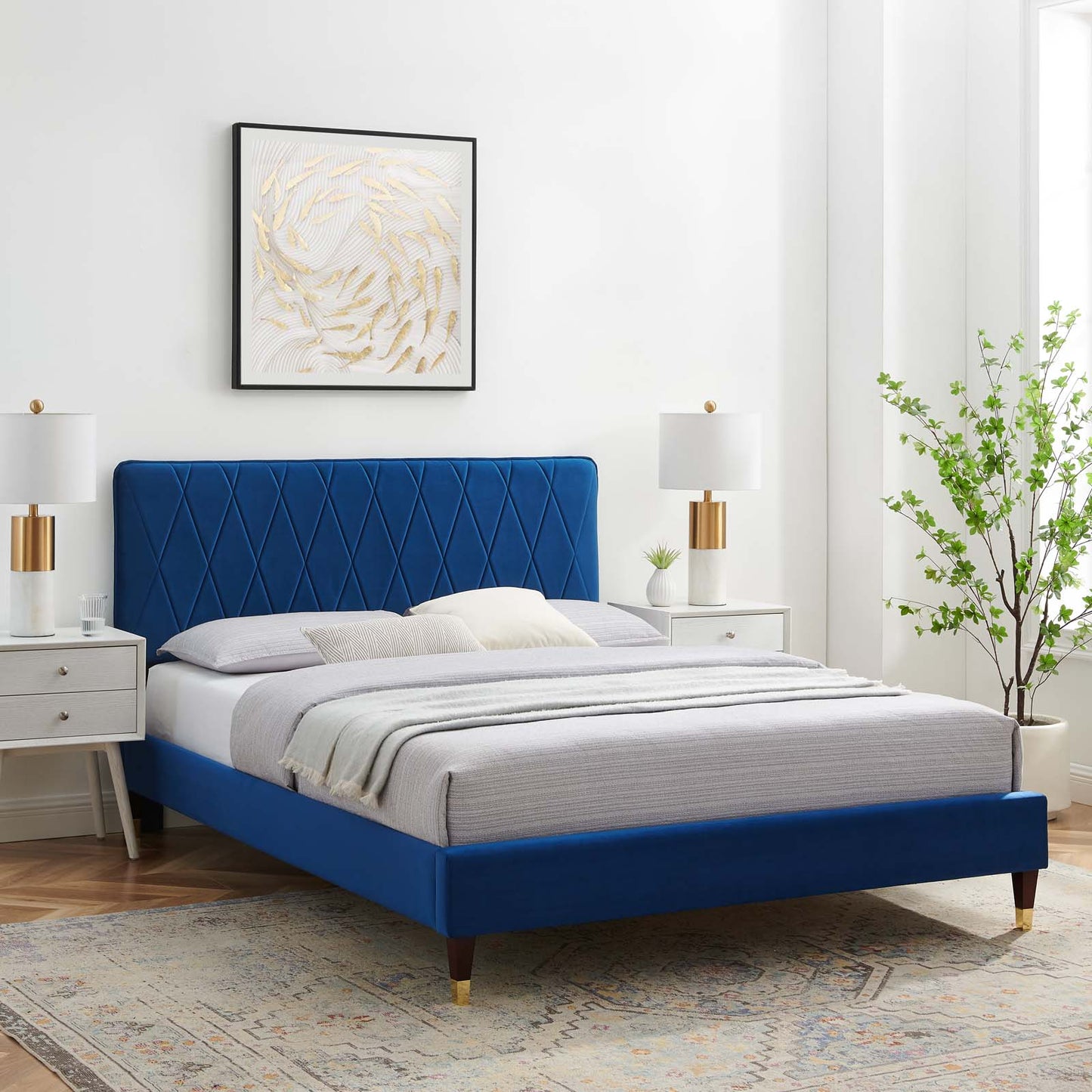 Phillipa Performance Velvet Twin Platform Bed, Velvet, Blue Navy, 22902