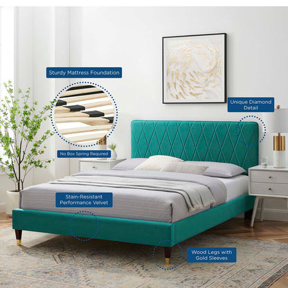 Phillipa Performance Velvet Twin Platform Bed, Velvet, Teal Blue, 22904