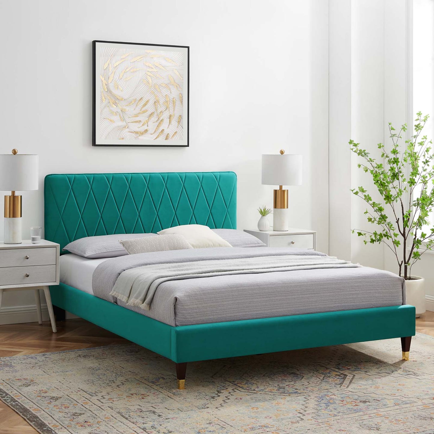 Phillipa Performance Velvet Twin Platform Bed, Velvet, Teal Blue, 22904