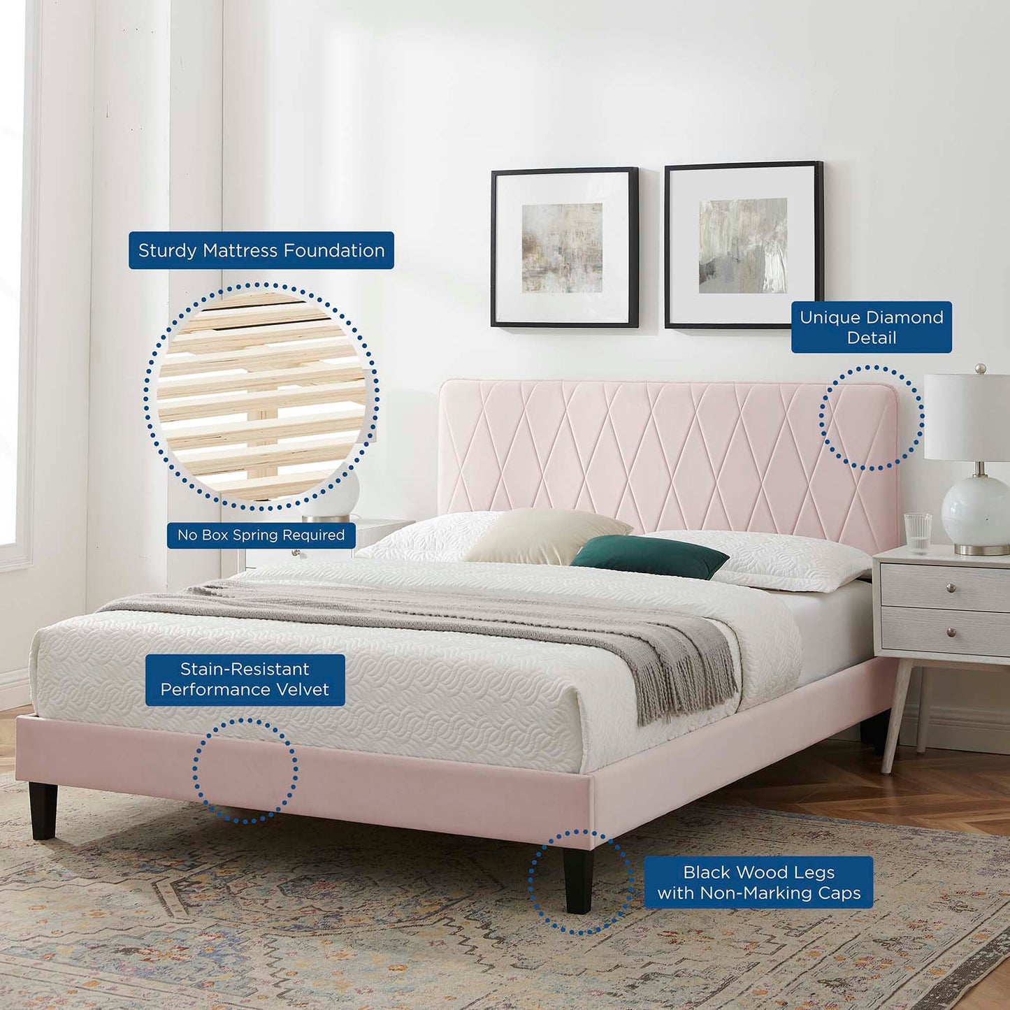 Phillipa Performance Velvet Twin Platform Bed, Velvet, Pink, 22911