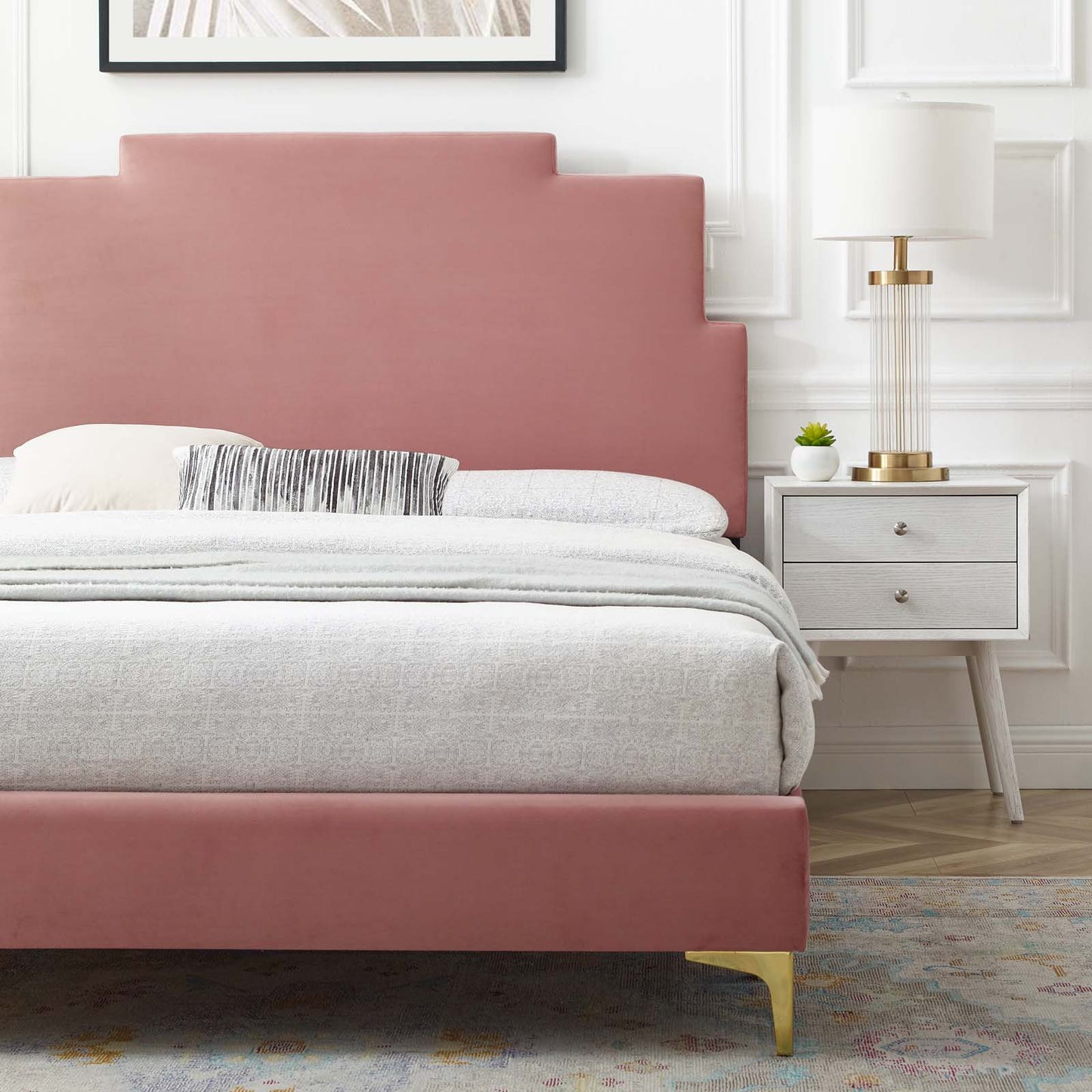Lindsey Performance Velvet Full Platform Bed, Velvet, Pink, 22915