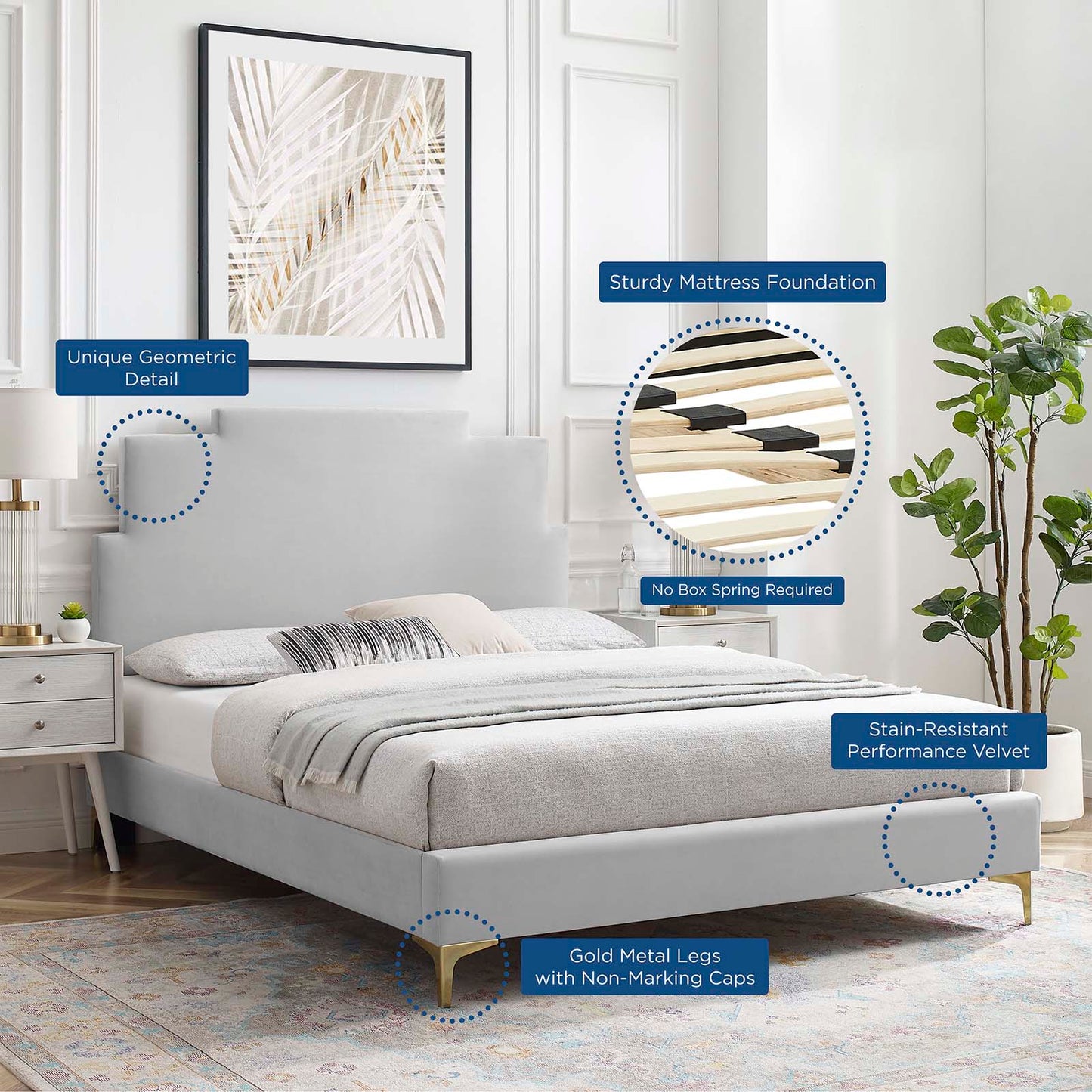 Lindsey Performance Velvet Full Platform Bed, Velvet, Light Grey Gray, 22916