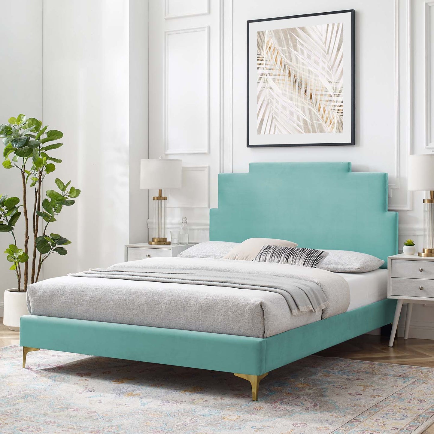 Lindsey Performance Velvet Full Platform Bed, Velvet, Blue, 22917