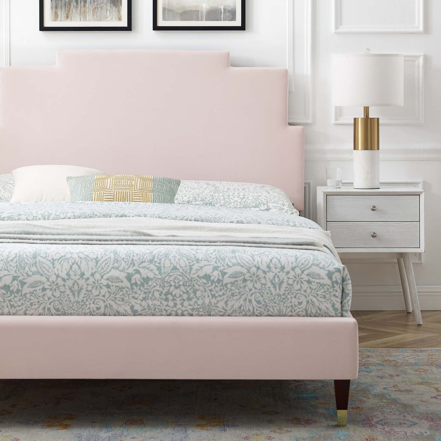 Lindsey Performance Velvet Full Platform Bed, Velvet, Pink, 22927