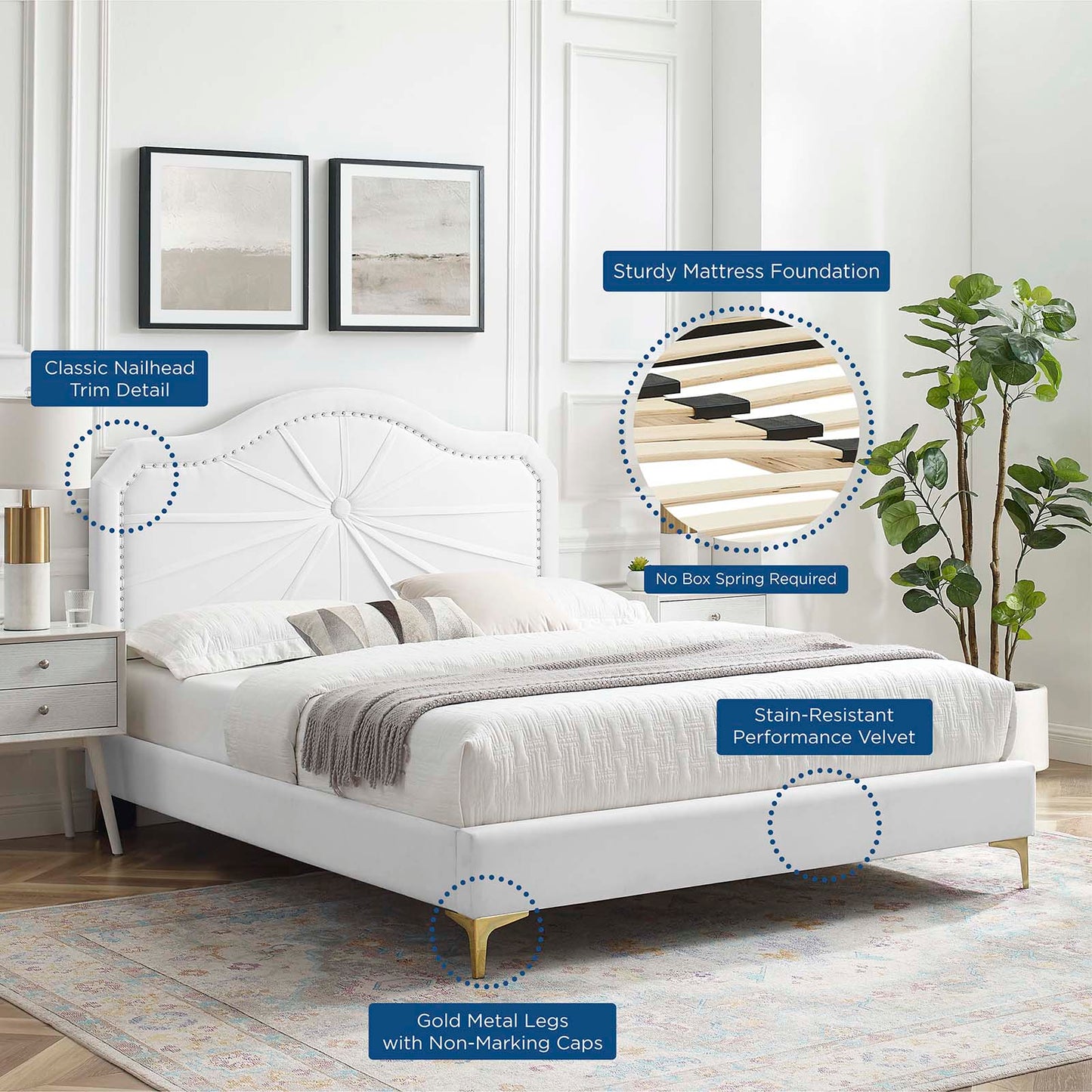 Portia Performance Velvet Twin Platform Bed, Velvet, White, 23464