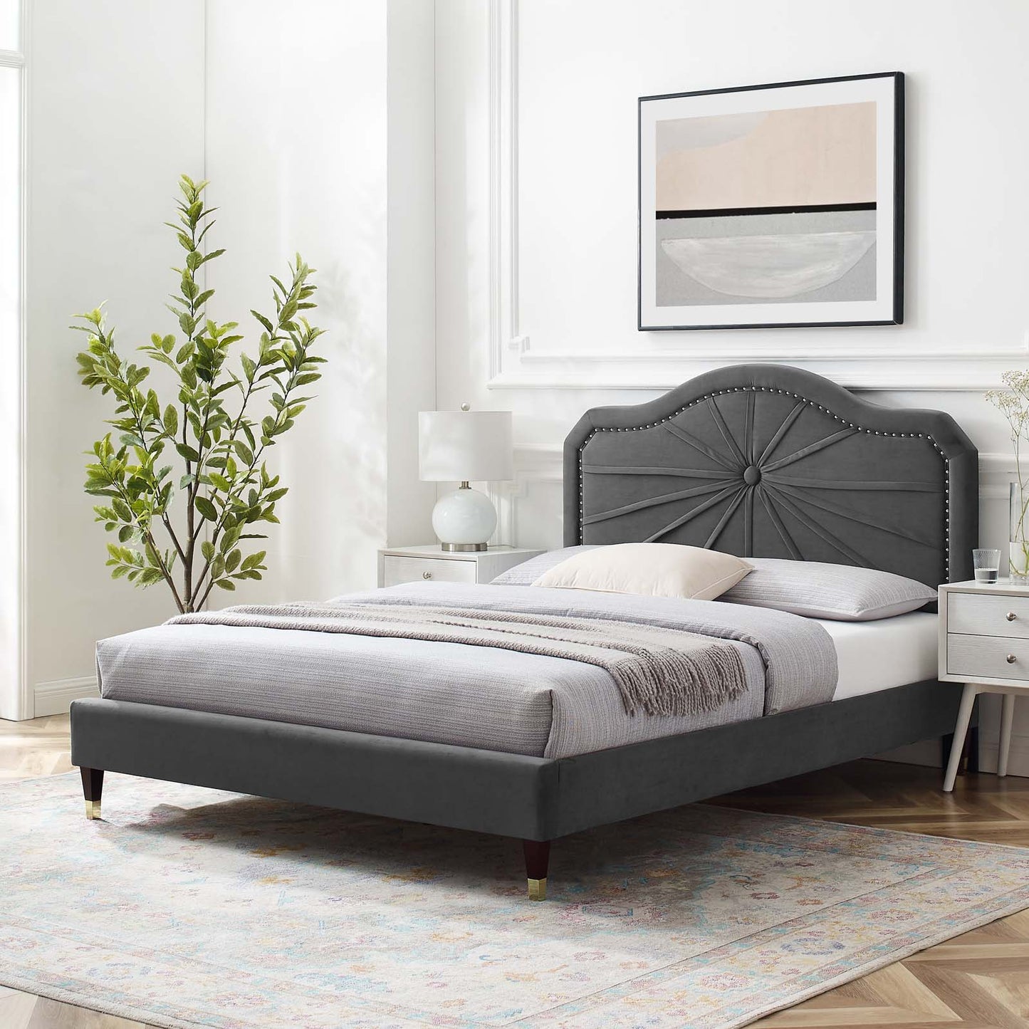 Portia Performance Velvet Twin Platform Bed, Velvet, Dark Grey Gray, 23465