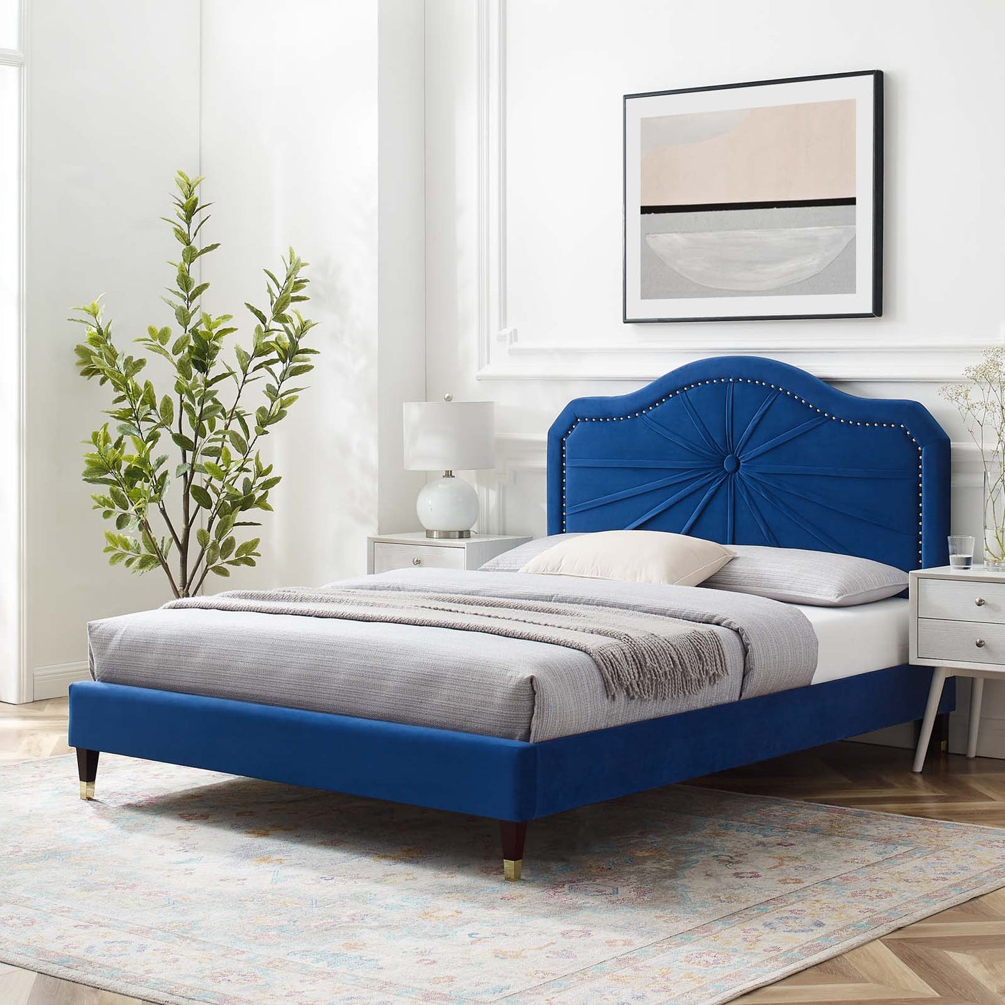 Portia Performance Velvet Twin Platform Bed, Velvet, Blue Navy, 23469