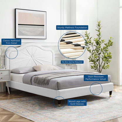 Portia Performance Velvet Twin Platform Bed, Velvet, White, 23472