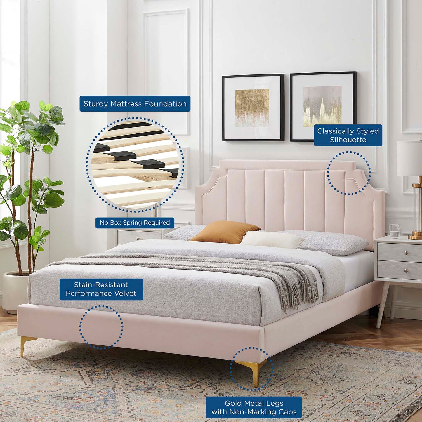 Sienna Performance Velvet Twin Platform Bed, Velvet, Pink, 23486