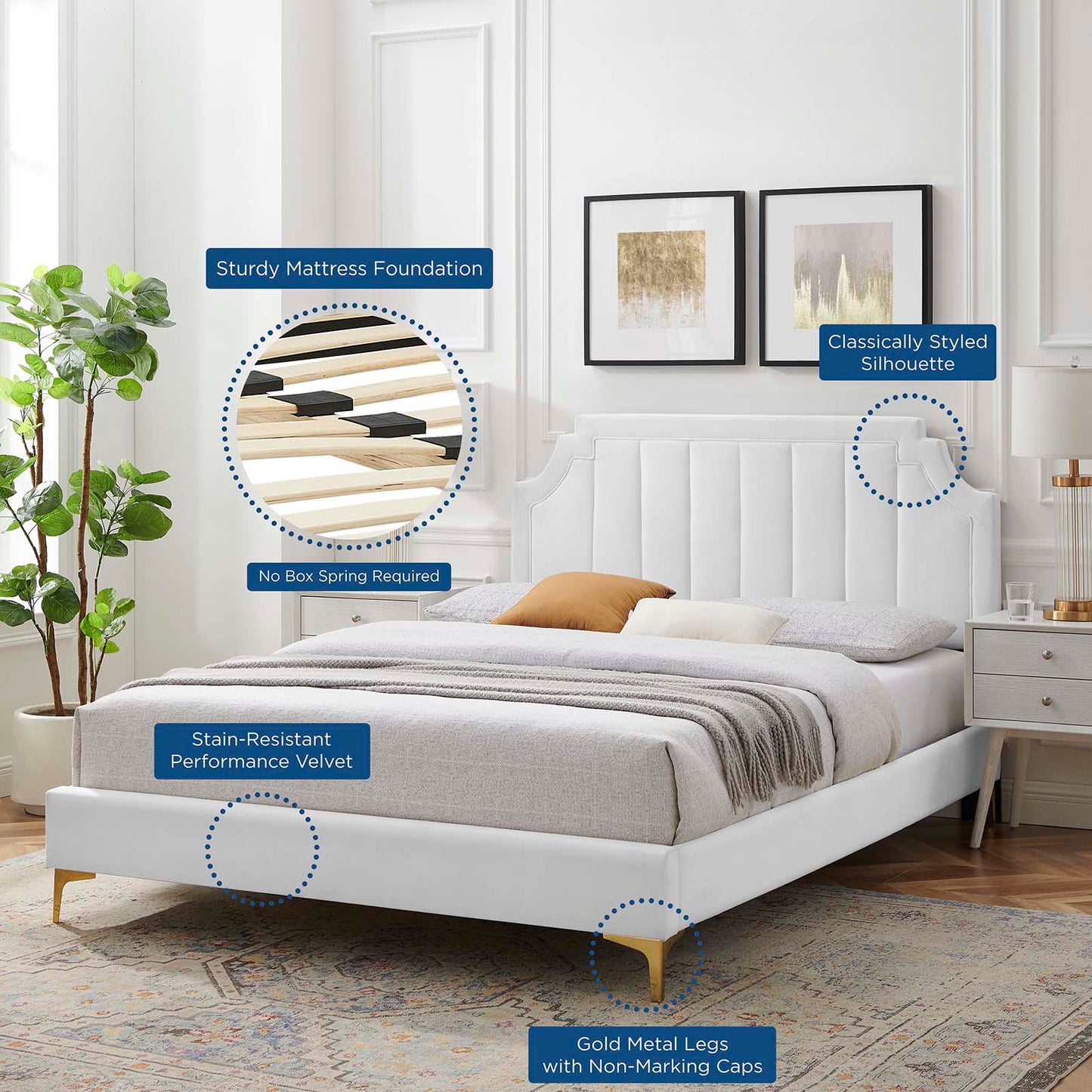 Sienna Performance Velvet Twin Platform Bed, Velvet, White, 23488